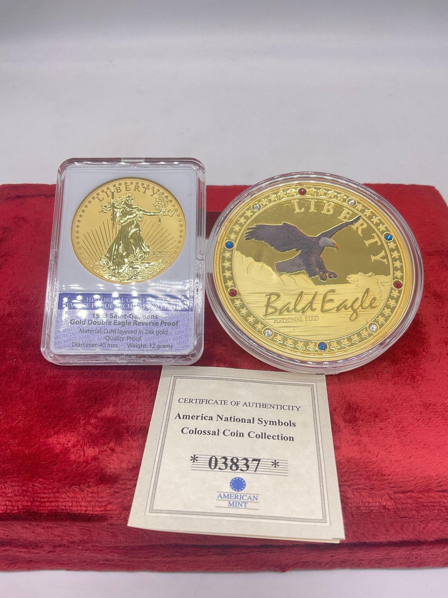 1933 Saint Guadens (COPY) Gold Double eagle reverse proof + Large Bald eagle coin w/ Swarovski gems: C-5940 Both Coins are by American Mint Limited edition to 9,999 and layered in 24K gold Slabbed coin is 32 grams the large National Symbols Bald Eagle is 110 grams 