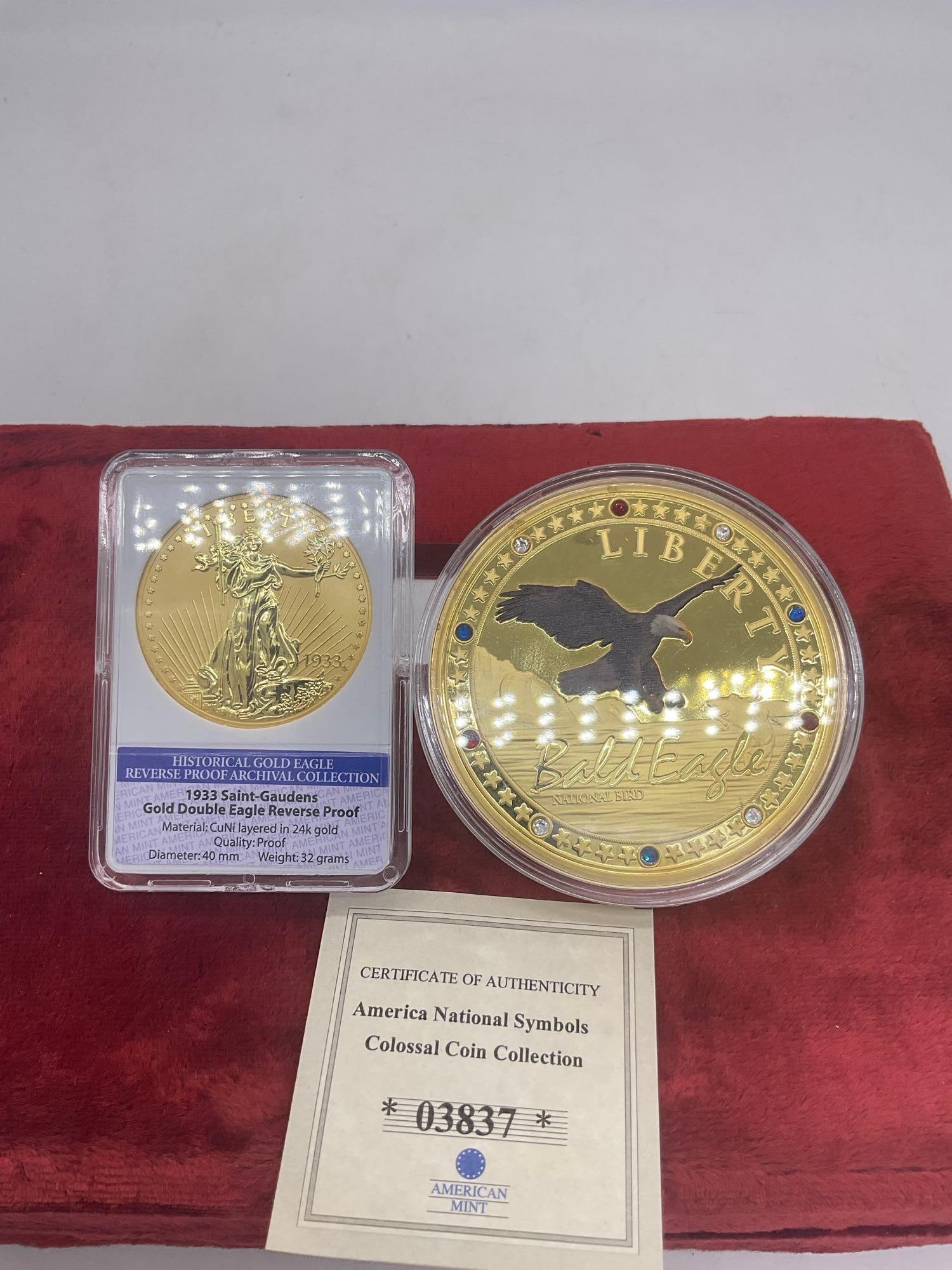1933 Saint Guadens (COPY) Gold Double eagle reverse proof + Large Bald eagle coin w/ Swarovski gems - 2
