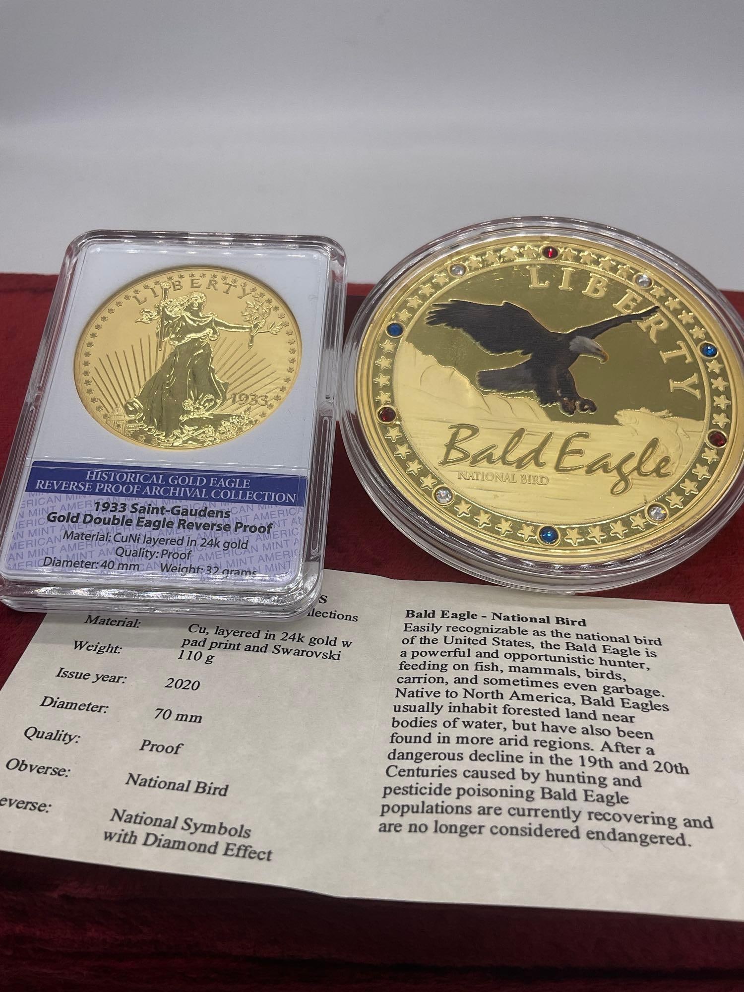 1933 Saint Guadens (COPY) Gold Double eagle reverse proof + Large Bald eagle coin w/ Swarovski gems - 3