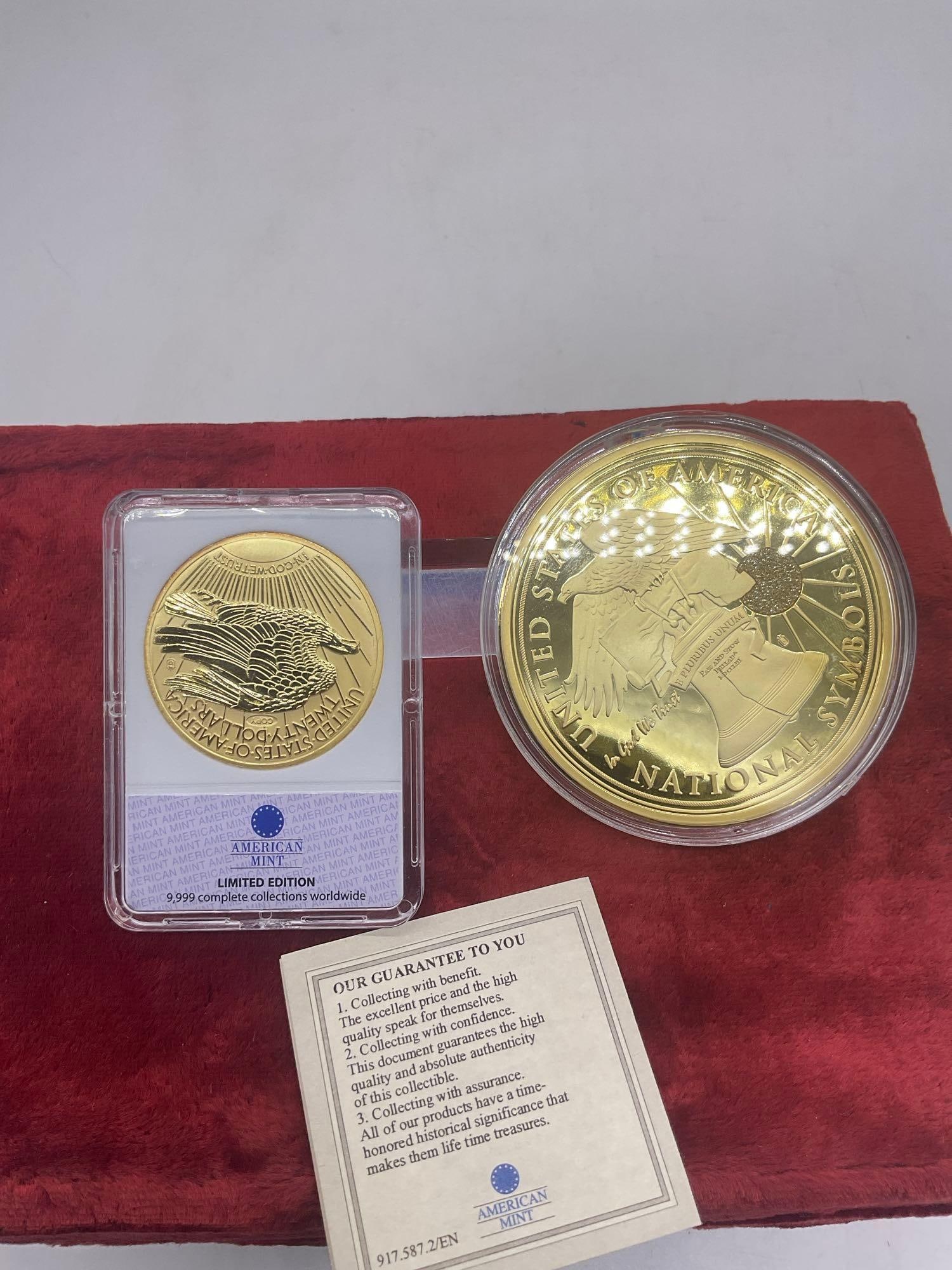 1933 Saint Guadens (COPY) Gold Double eagle reverse proof + Large Bald eagle coin w/ Swarovski gems - 4