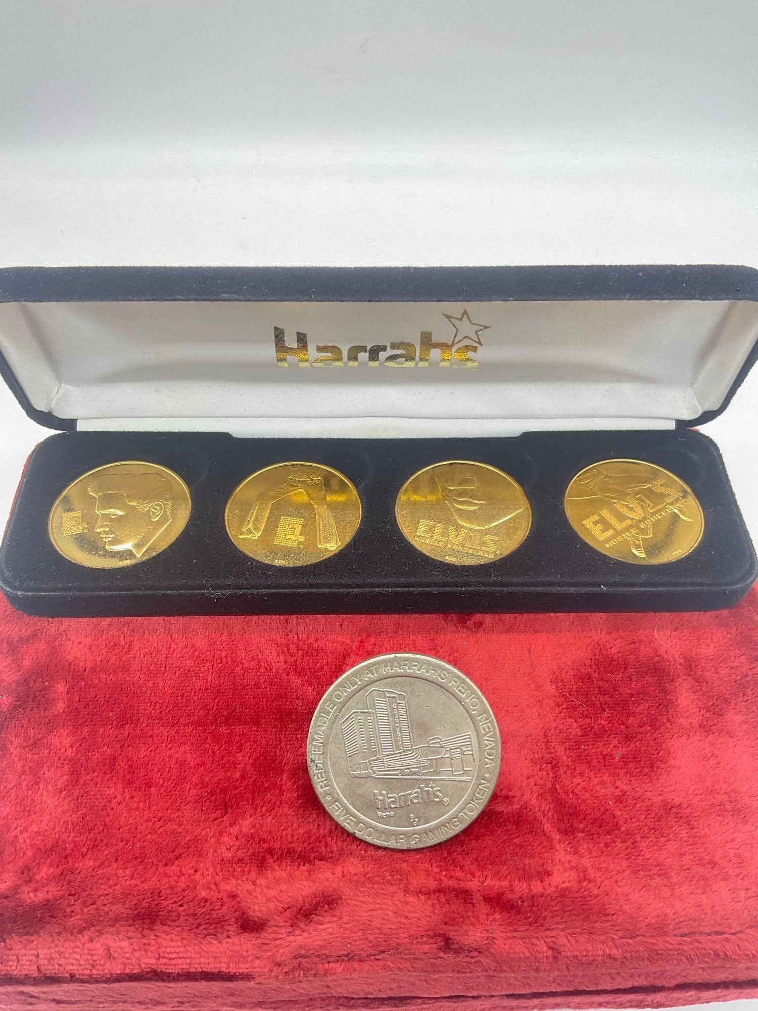 2002 Harrahs Casino Elvis Presley 4 x Gold toned coin set + Vintage $5.00 Harrahs Gaming token - 2