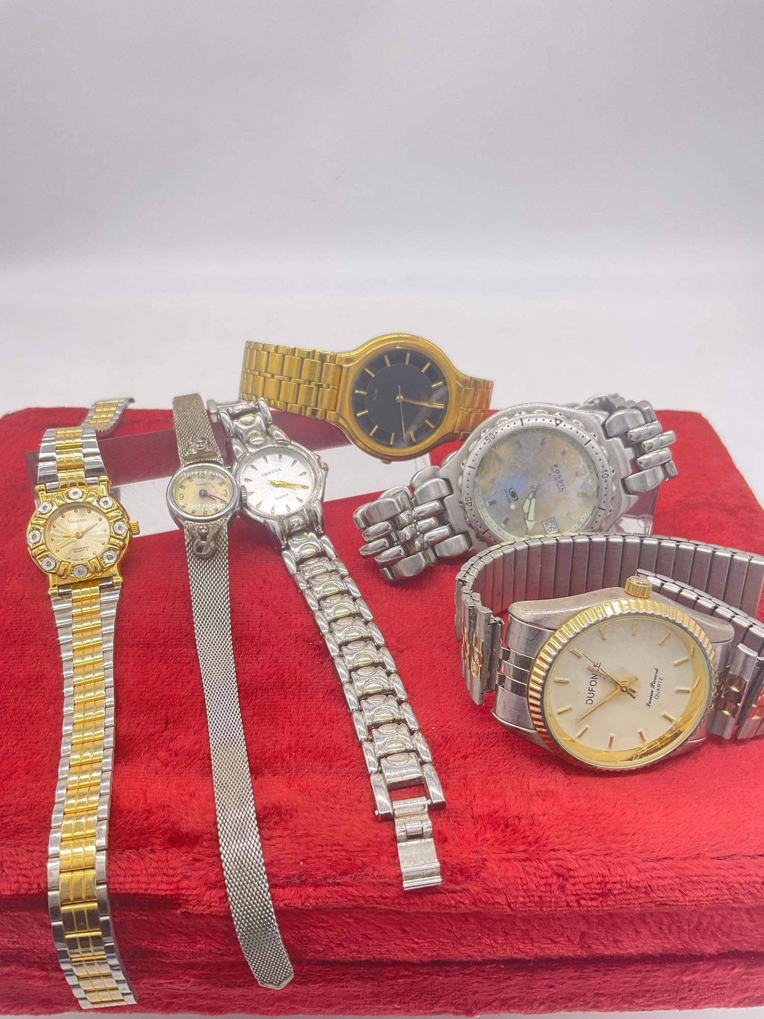 6 x mens & Womens Watches Seiko SX. Fossil Blue, Geneva, Dufonte, Navarre See pics: C-5940 All need batteries and or service All sold as-is 