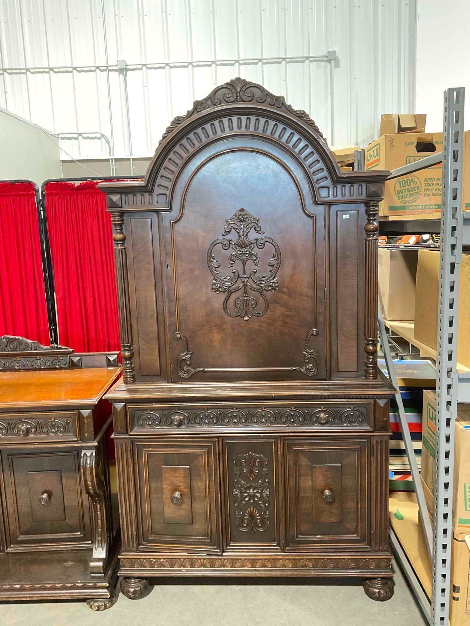 Turn of the Century Renaissance Revival Style Walnut Cabinet w/ Fruit Carvings & Flame Veneer. (1 of 7)
