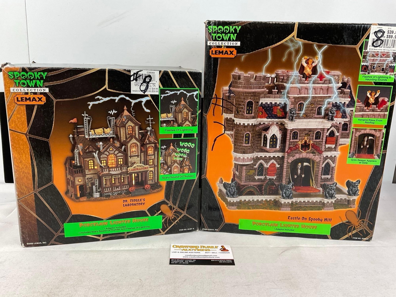 Lemax Spooky Town Figures in box, Porcelain lit houses, Dr. Tingles Lab & Castle on Spooky Hill: Appears to be in good shape, electrics untested, only lightly used. The piece measures approx 15h x 14w x 12d inches. See pics. E-6160