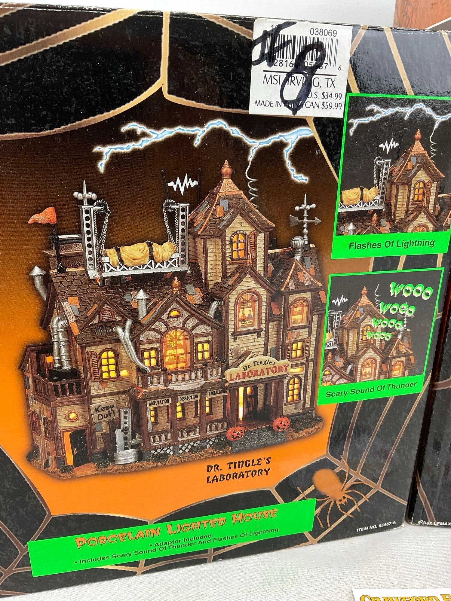 Lemax Spooky Town Figures in box, Porcelain lit houses, Dr. Tingles Lab & Castle on Spooky Hill - 2
