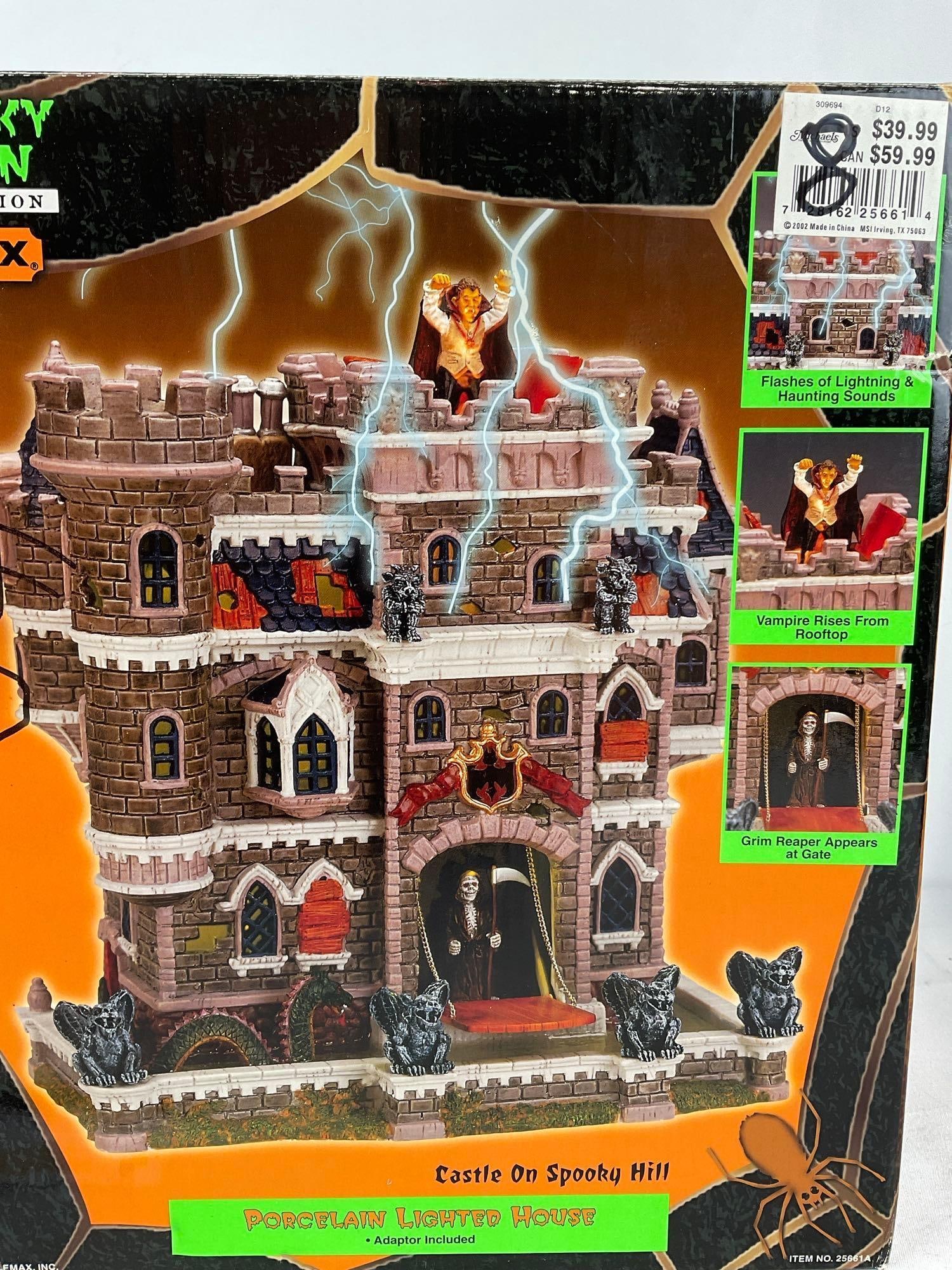 Lemax Spooky Town Figures in box, Porcelain lit houses, Dr. Tingles Lab & Castle on Spooky Hill - 3