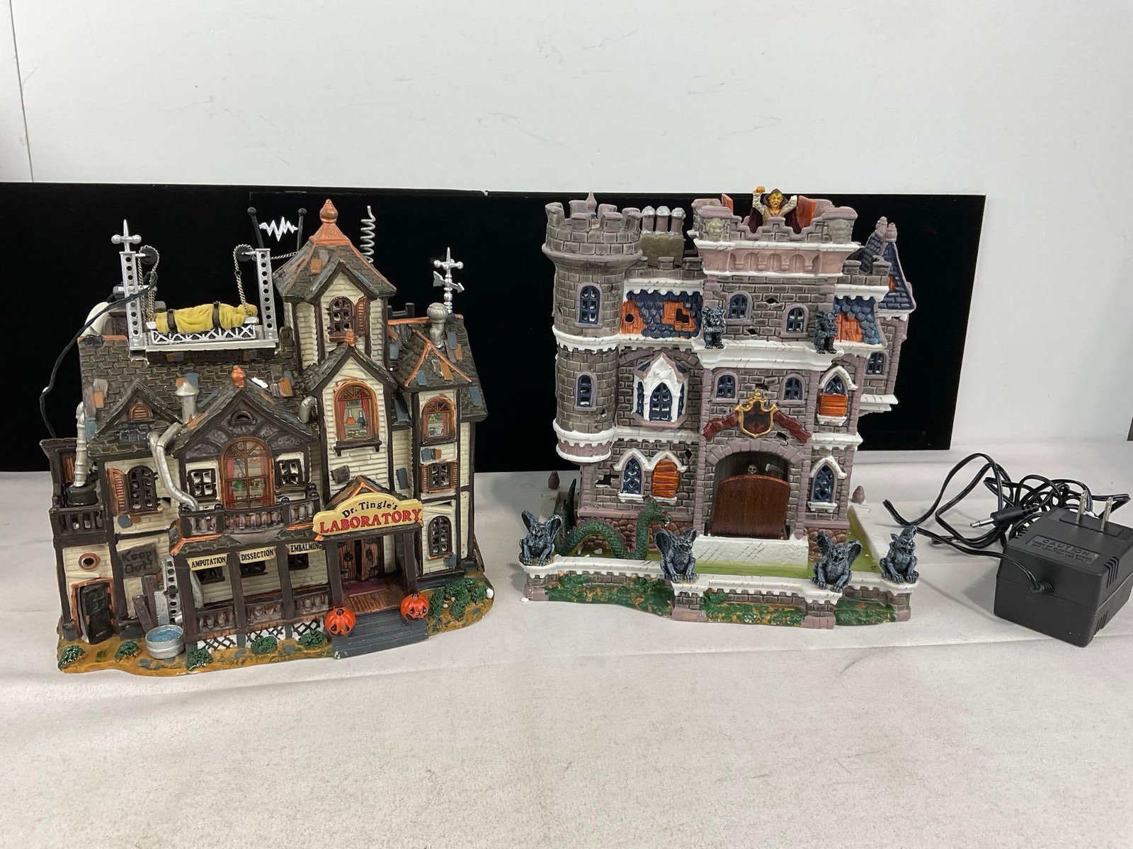 Lemax Spooky Town Figures in box, Porcelain lit houses, Dr. Tingles Lab & Castle on Spooky Hill - 4