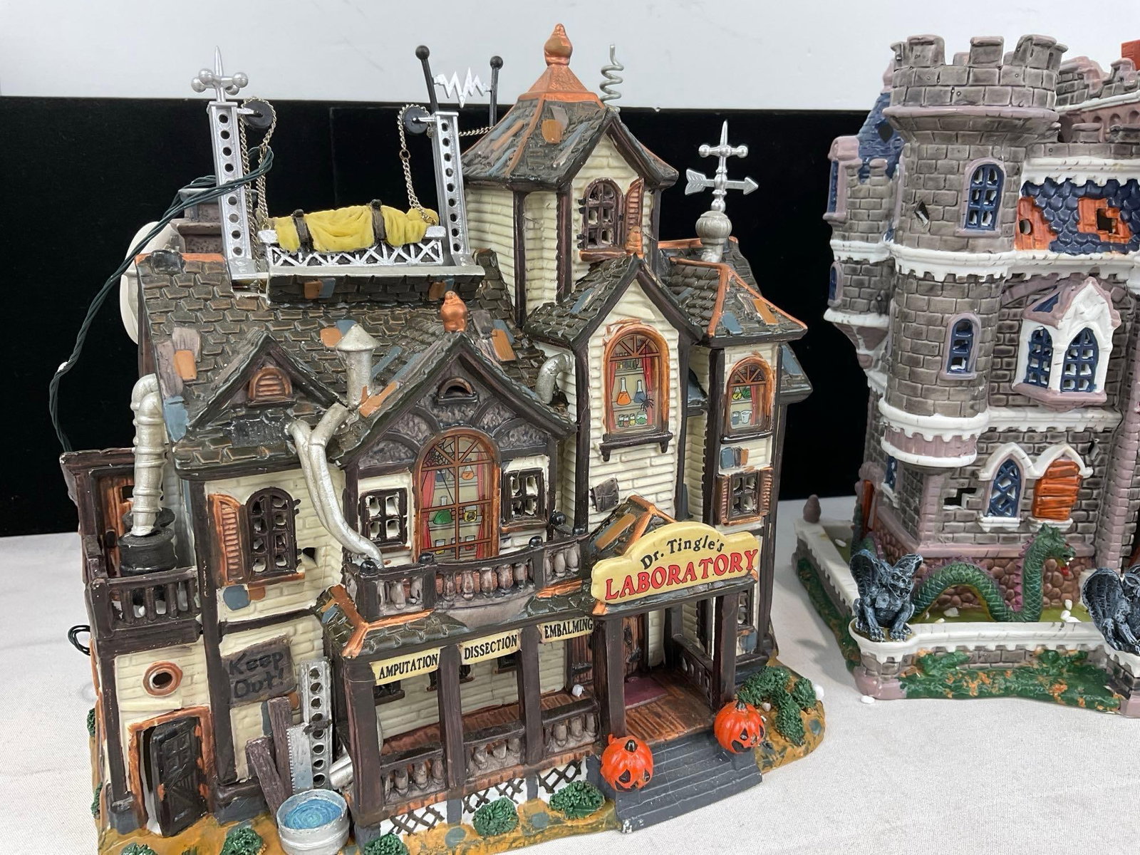 Lemax Spooky Town Figures in box, Porcelain lit houses, Dr. Tingles Lab & Castle on Spooky Hill - 5