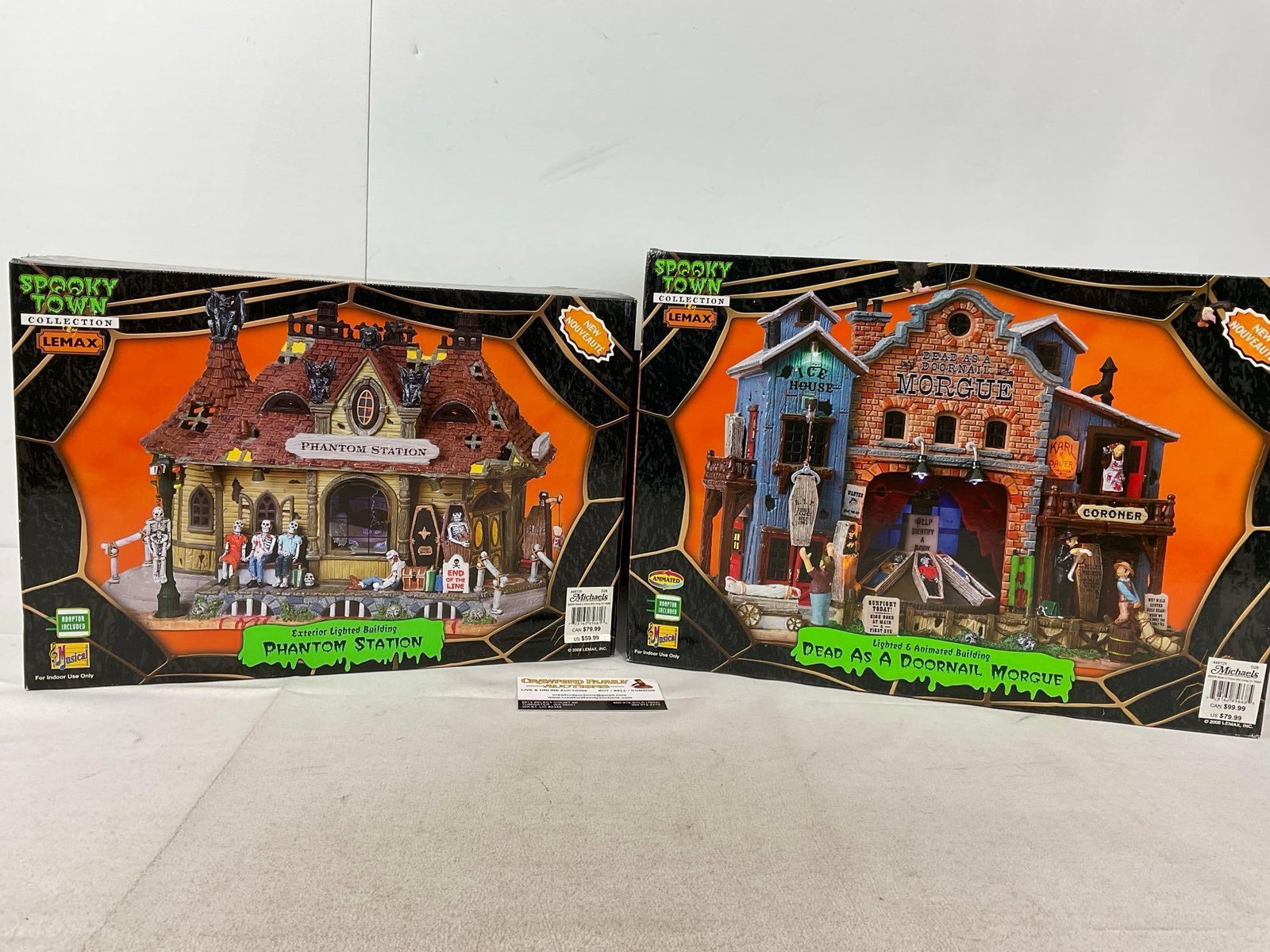 Lemax Spooky Town Figures in box, Phantom Station & Dead as a Doornail Morgue: Appears to be in good shape, electrics untested, only lightly used. The piece measures approx 17h x 16w x 12d inches. See pics. E-6160