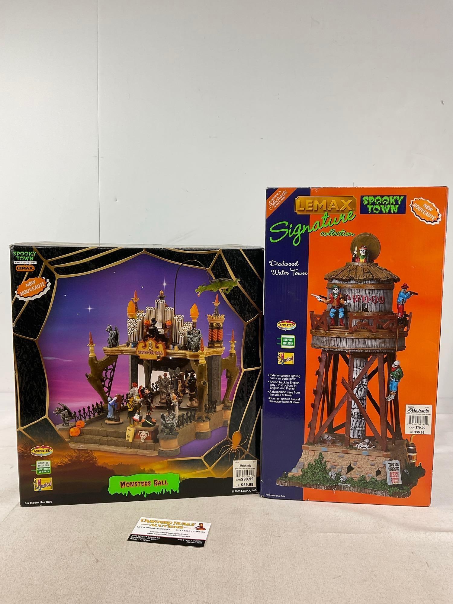 Lemax Spooky Town Figures in box, Monsters Ball, & Deadwood Water Tower: Appears to be in good shape, electrics untested, only lightly used. The piece measures approx 16h x 15w x 16d inches. See pics. E-6160