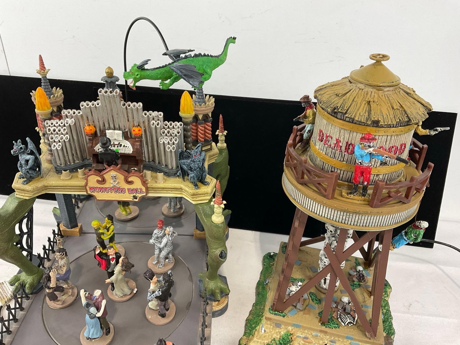 Lemax Spooky Town Figures in box, Monsters Ball, & Deadwood Water Tower - 6