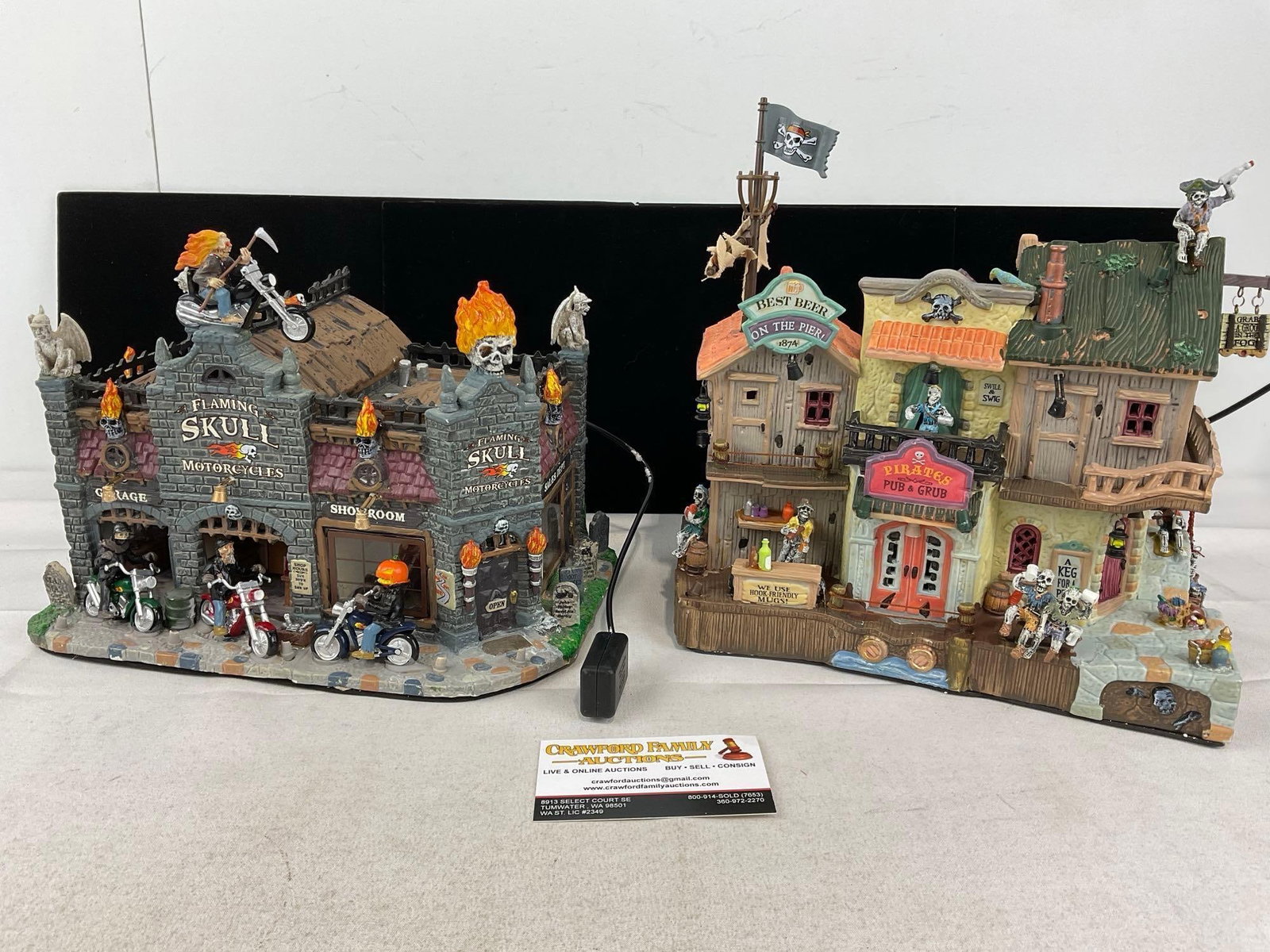 Lemax Spooky Town Figures in box, Flaming Skull Motorcycles & Pirates Pub & Grub - 4