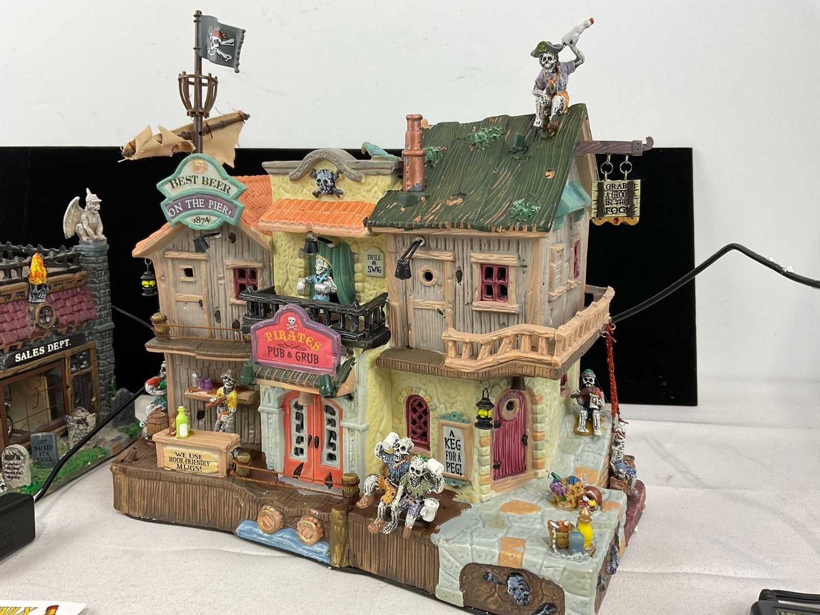 Lemax Spooky Town Figures in box, Flaming Skull Motorcycles & Pirates Pub & Grub - 6