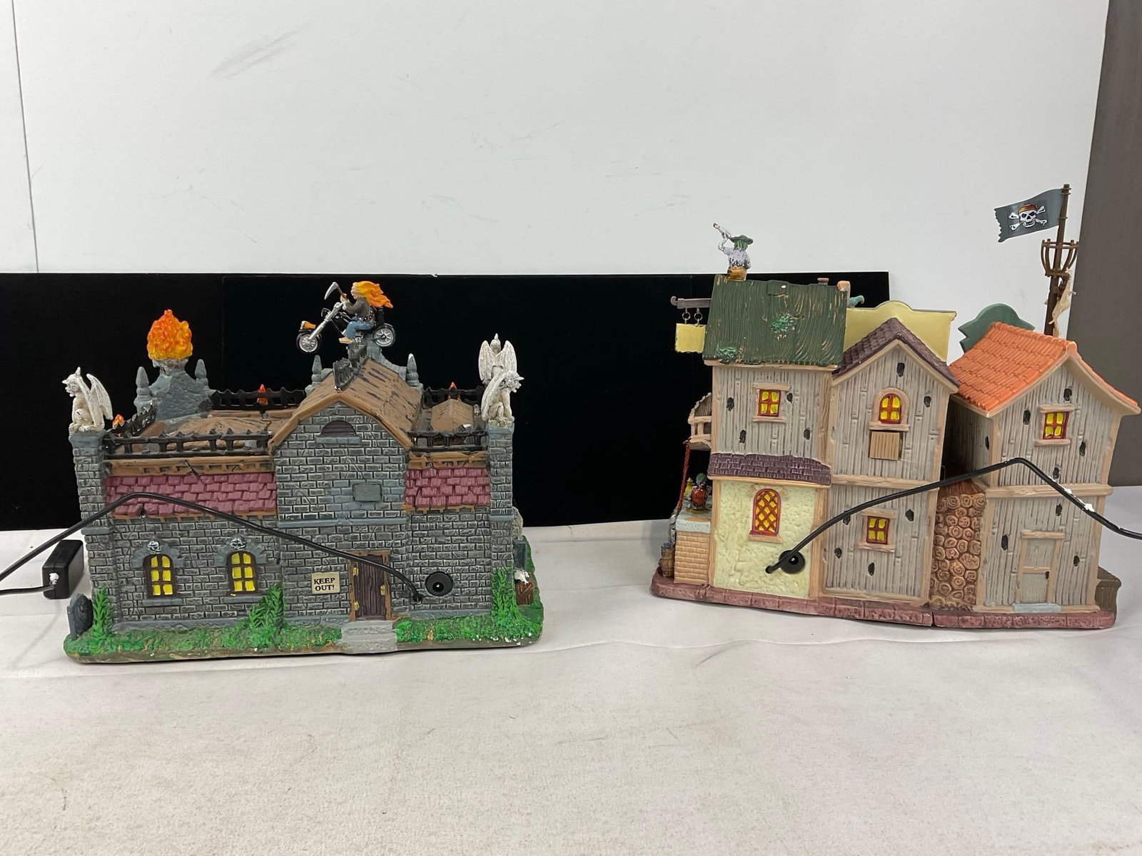Lemax Spooky Town Figures in box, Flaming Skull Motorcycles & Pirates Pub & Grub - 7