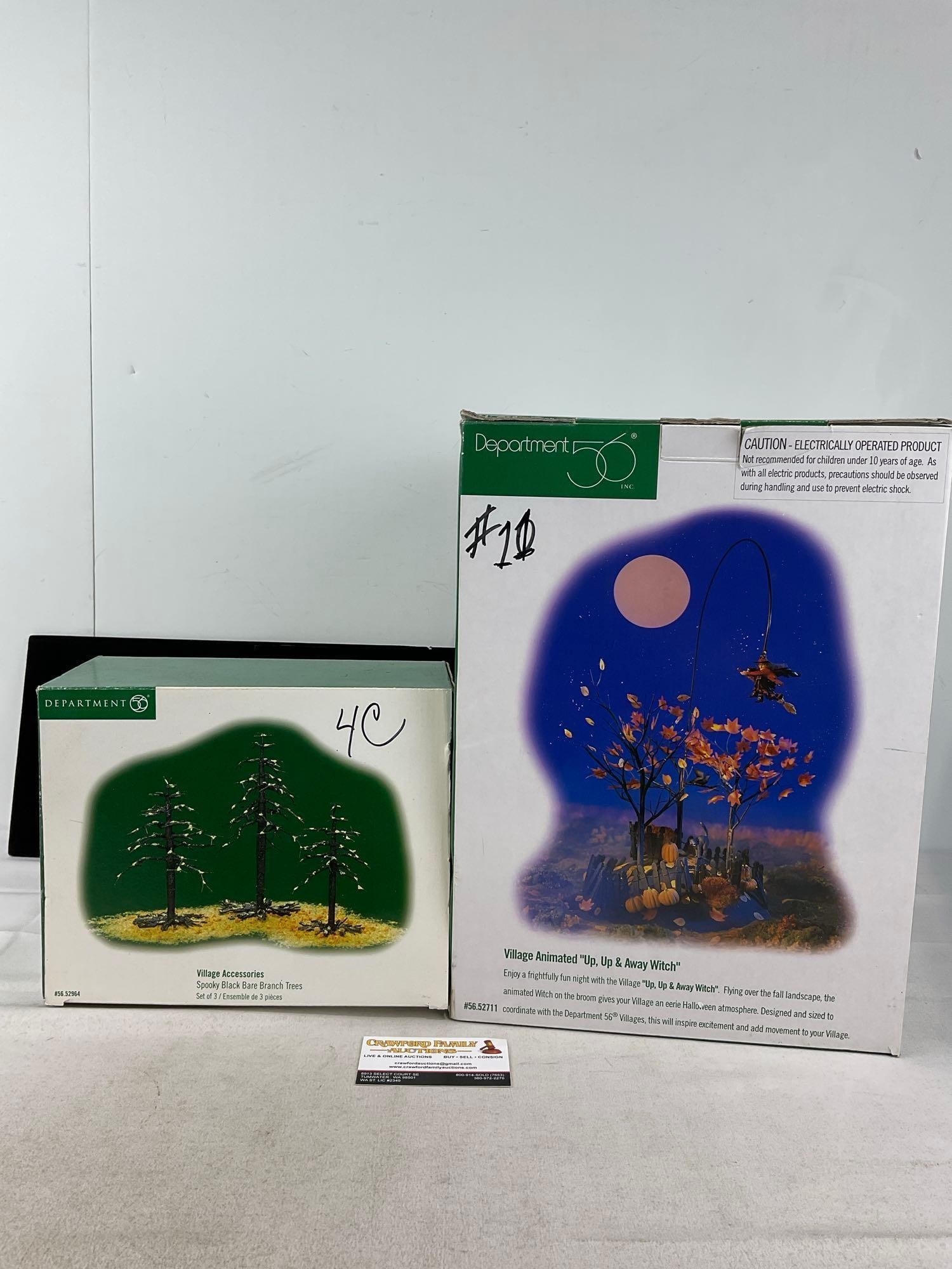 Department 56 in packaging, 3 Spooky Black Bare Branch Trees, & Up, Up, & Away Witch: Appears to be in good shape. The piece measures approx 21h x 11w x 12d inches. See pics. E-6160