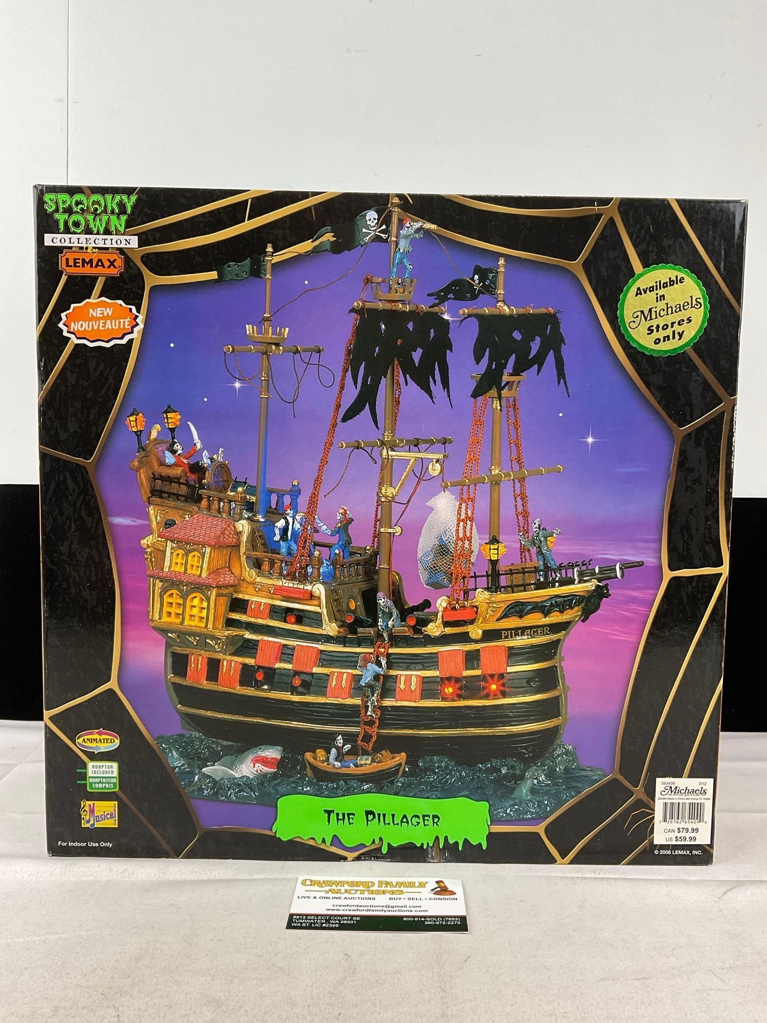 Lemax Spooky Town Figure in box, The Pillager, Skeleton ghost ship Figure: Appears to be in good shape. The piece measures approx 15h x 16w x 9d inches. See pics. E-6160