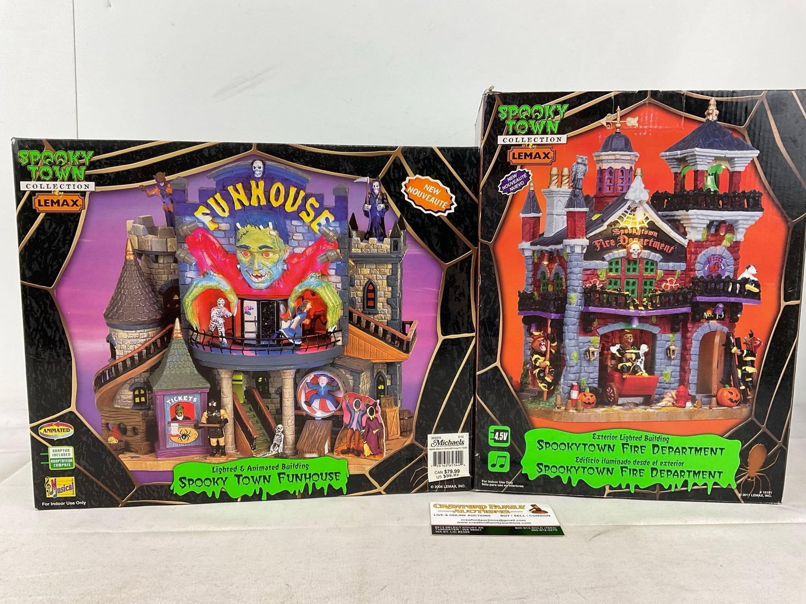 Lemax Spooky Town Figures in box, Spooky Town Funhouse & Spookytown Fire Department: Appears to be in good shape, electrics untested, only lightly used.The piece measures approx 15h x 14w x 11d inches. See pics. E-6160