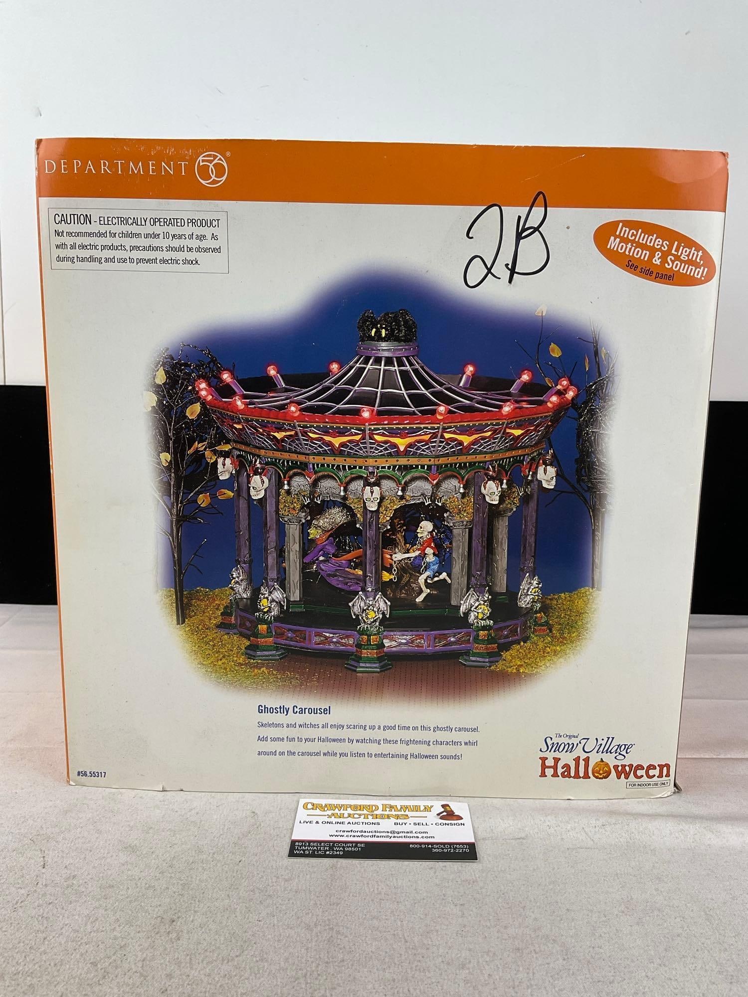 Department 56 in packaging, Ghostly Carousel Snow Village Halloween: Appears to be in good shape, electrics untested, only lightly used. The piece measures approx 14h x 14w x 13d inches. See pics. E-6160