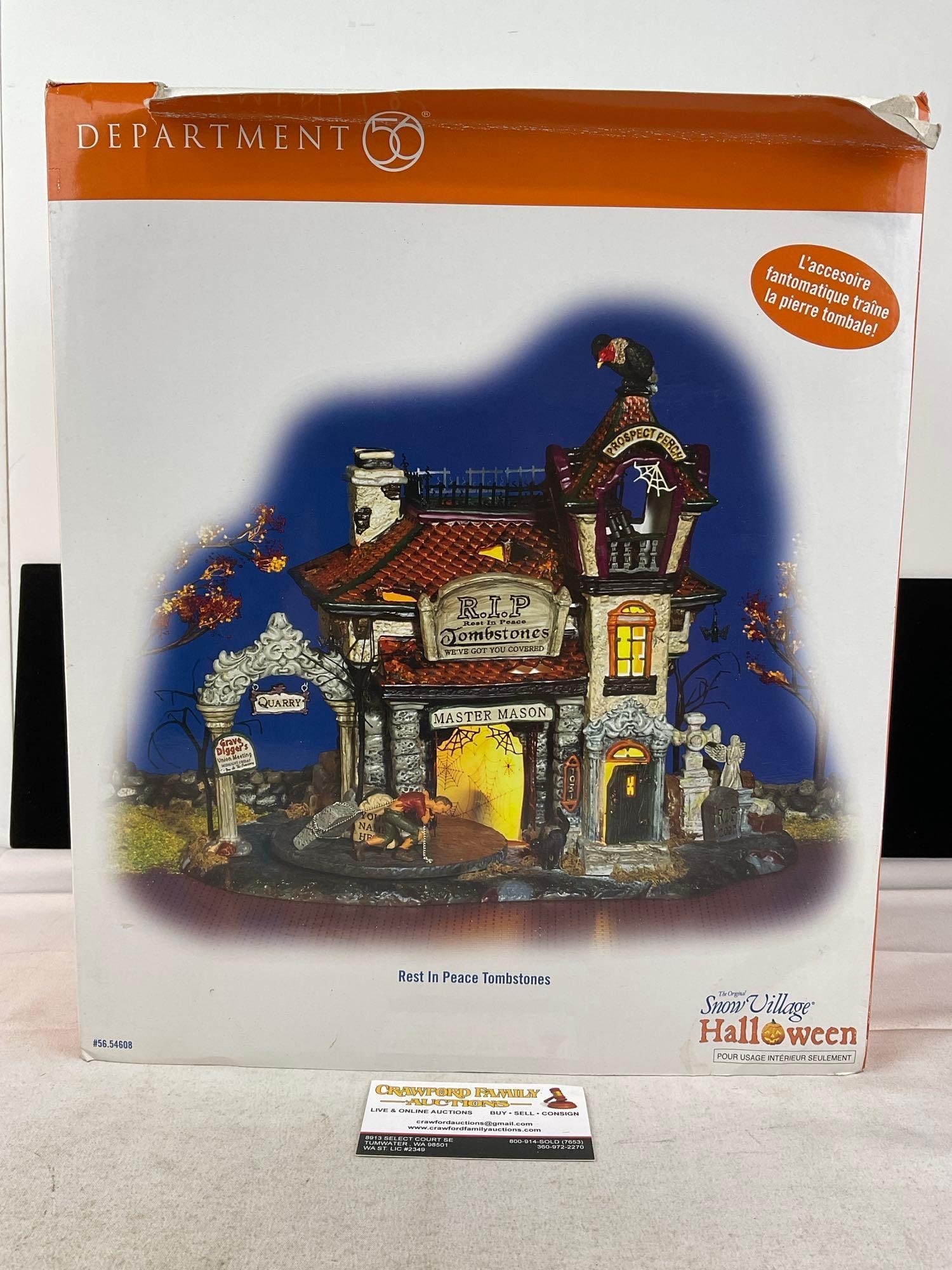 Department 56 in packaging, Snow Village Halloween, Rest In Peace Tombstones: Appears to be in good shape, electrics untested, only lightly used. The piece measures approx 17h x 14w x 11d inches. See pics. E-6160