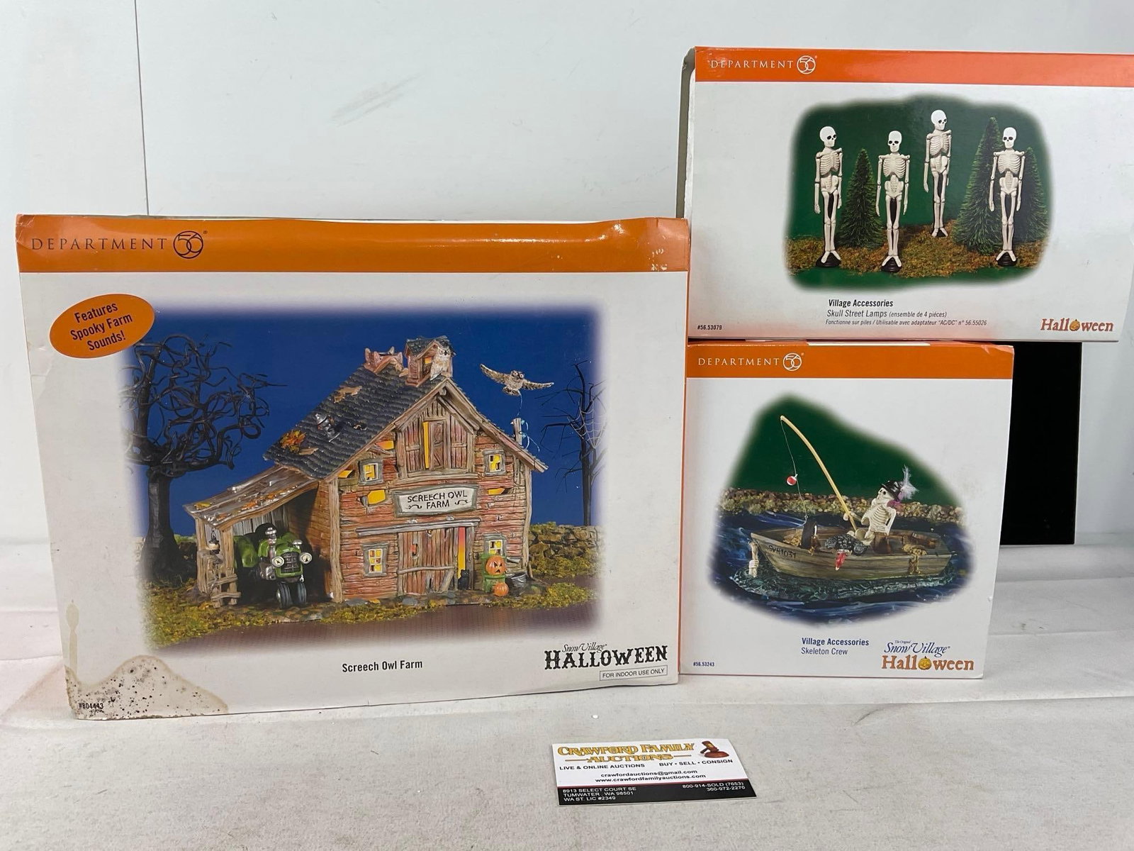 Department 56 Halloween in packaging, Screech Owl Farm, Skull Street Lamps & Skeleton Crew Fishing: Appears to be in good shape, electrics untested, only lightly used. The piece measures approx 14h x 14w x 11d inches. See pics. E-6160