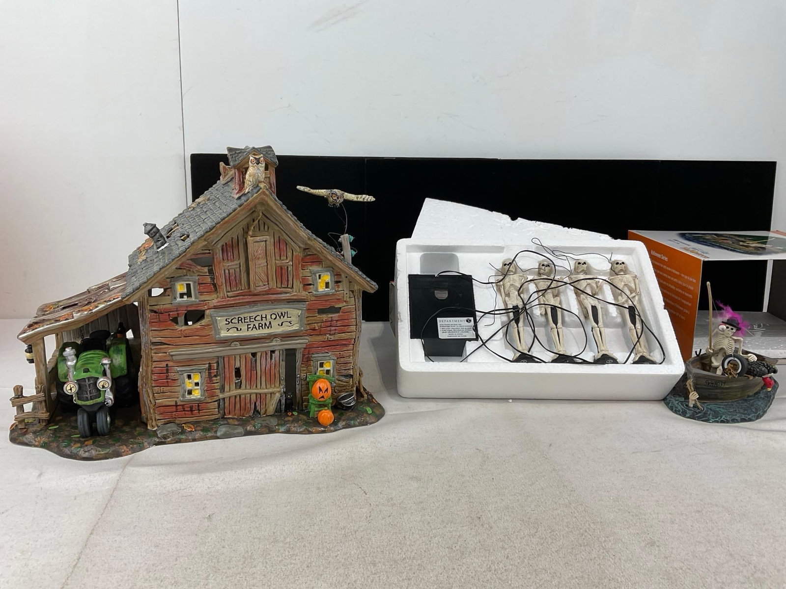 Department 56 Halloween in packaging, Screech Owl Farm, Skull Street Lamps & Skeleton Crew Fishing - 2