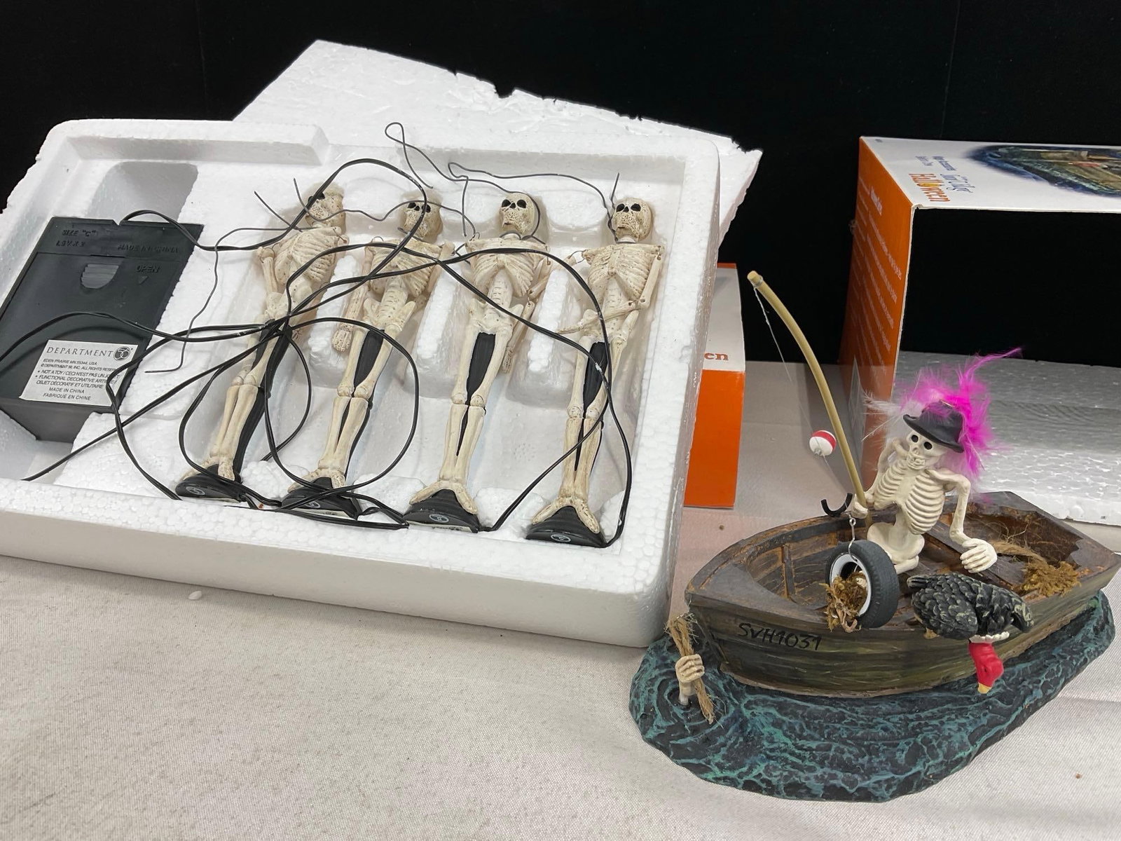 Department 56 Halloween in packaging, Screech Owl Farm, Skull Street Lamps & Skeleton Crew Fishing - 3