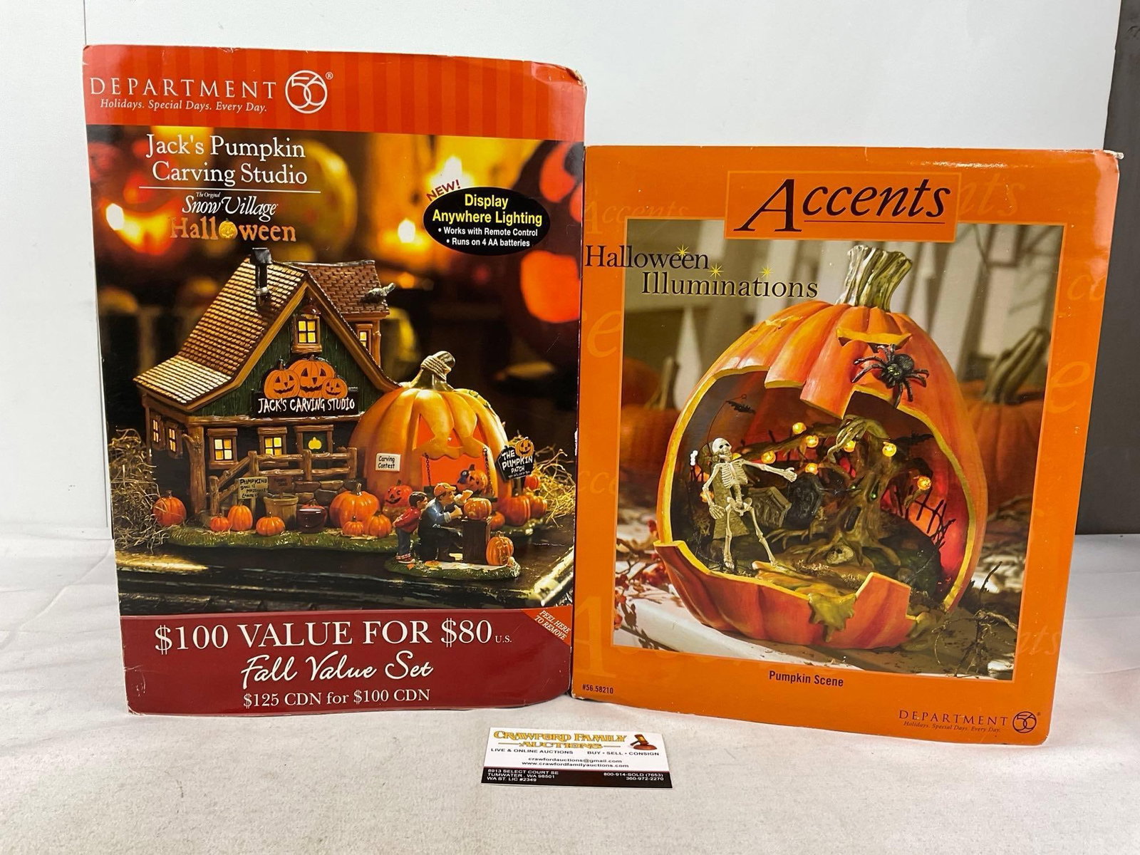Department 56 in packaging, Halloween Jacks Pumpkin Carving Studio & Pumpkin Scene Accents: Appears to be in good shape, electrics untested, only lightly used. The piece measures approx 19h x 14w x 12d inches. See pics. E-6160