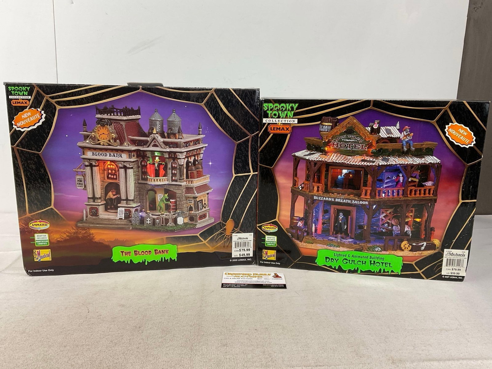 Lemax Spooky Town Figures in box, The Blood Bank & Dry Gulch Hotel: Appears to be in good shape, electrics untested, only lightly used.The piece measures approx 16h x 14w x 12d inches. See pics. E-6160