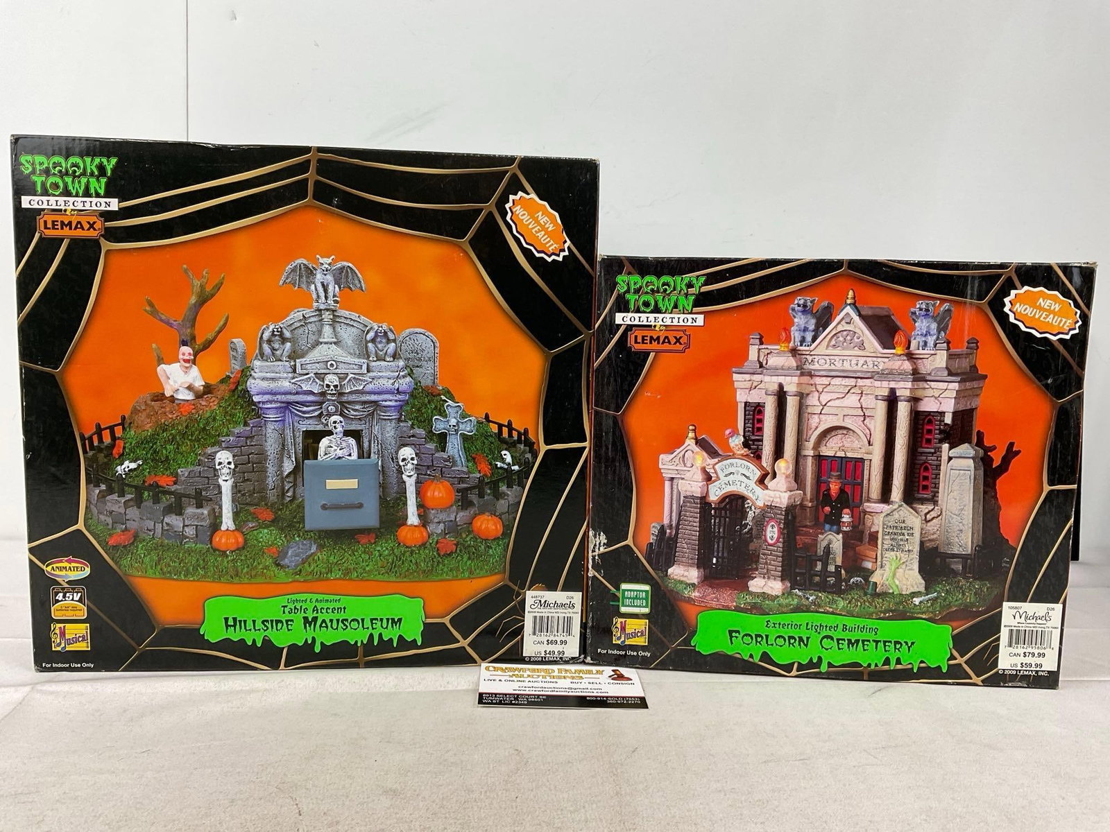 Lemax Spooky Town Figures in box, Hillside Mausoleum & Forlorn Cemetery: Appears to be in good shape, electrics untested, only lightly used. The piece measures approx 17h x 13w x 12d inches. See pics. E-6160