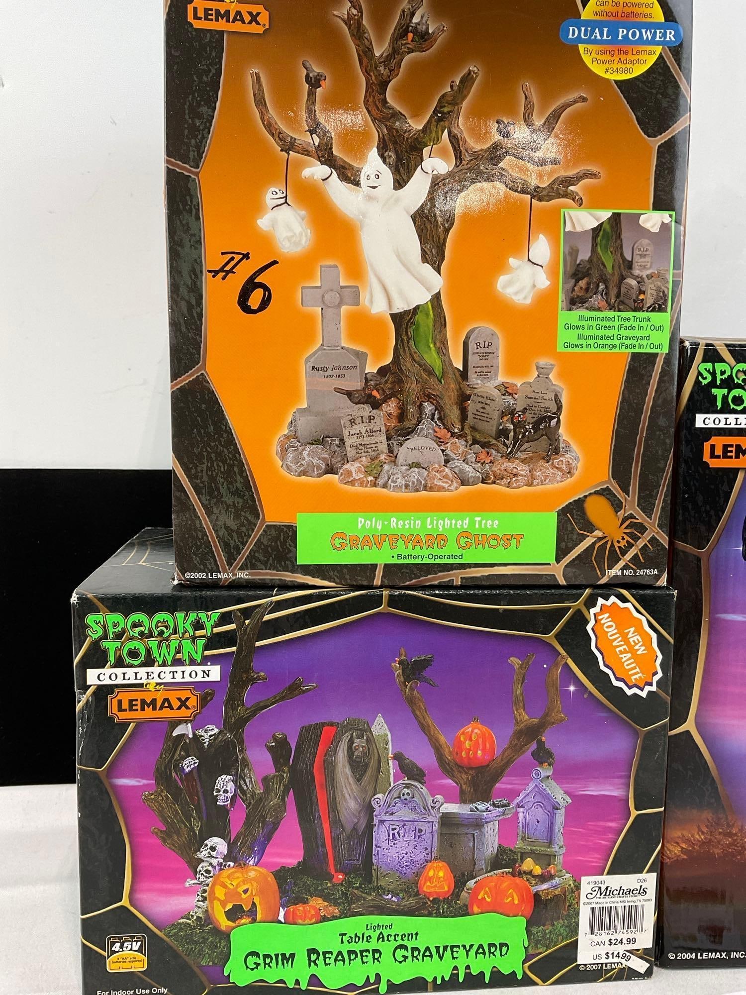 Lemax Spooky Town Halloween pieces in box, Graveyard Ghost, Grim Reaper Graveyard, & Caged Monster - 2