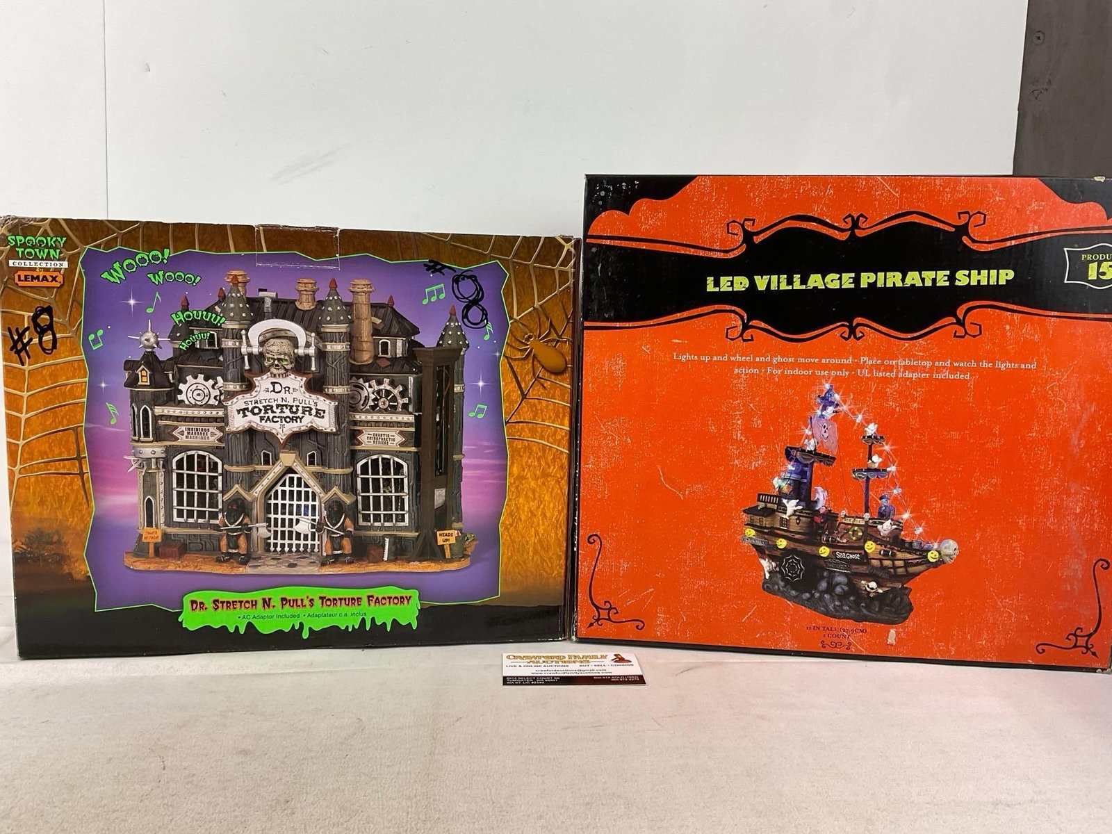 Lemax Spooky Town Halloween pieces in box, Dr. StretchN.Pulls Torture Factory & Village Pirate Ship: Appears to be in good shape, electrics untested, only lightly used. The piece measures approx 17h x 14w x 15d inches. See pics. E-6160