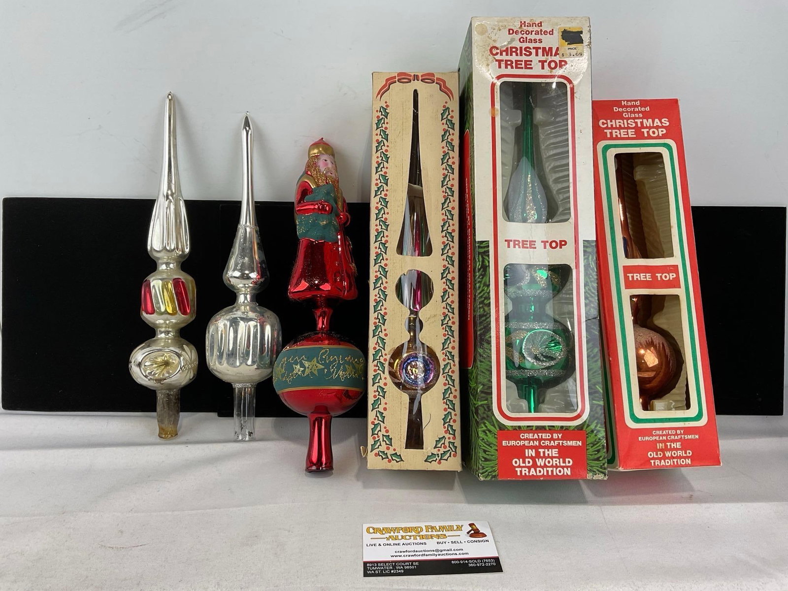 6 Vintage/Antique Glass Christmas Tree Toppers, Russian St. Nicholas, 3 in box: Appears to be in good shape, only lightly used. The piece measures approx 19h x 13w x 13d inches. See pics. E-6160