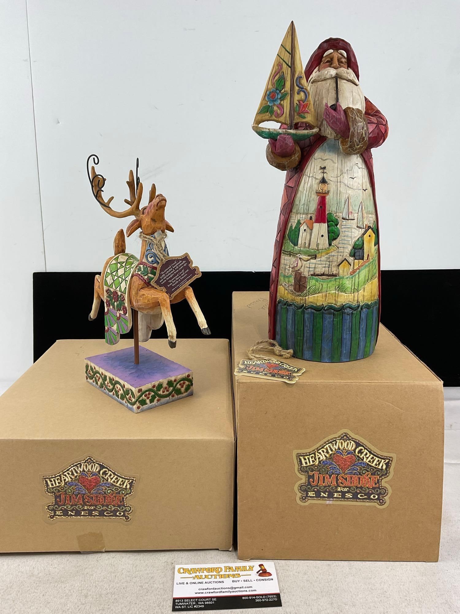 Pair of Jim Shore Heartwood Creek Figures, Dash Away #118111 & A Ship Sails in Bearing Gifts B112...: Appears to be in good shape, electrics untested, only lightly used. The piece measures approx 12h x 10w x 15d inches. See pics. E-6160