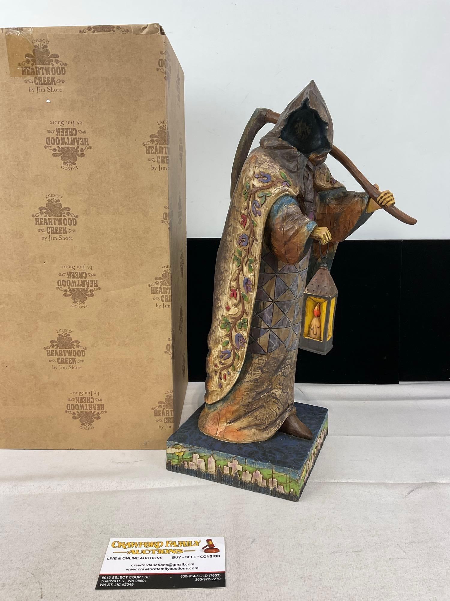 Jim Shore Heartwood Creek Halloween Figure, titled For Whom, Comes The Reaper #4002861 in box: Appears to be in good shape, only lightly used. The piece measures approx 16h x 10w x 9d inches. See pics. E-6160