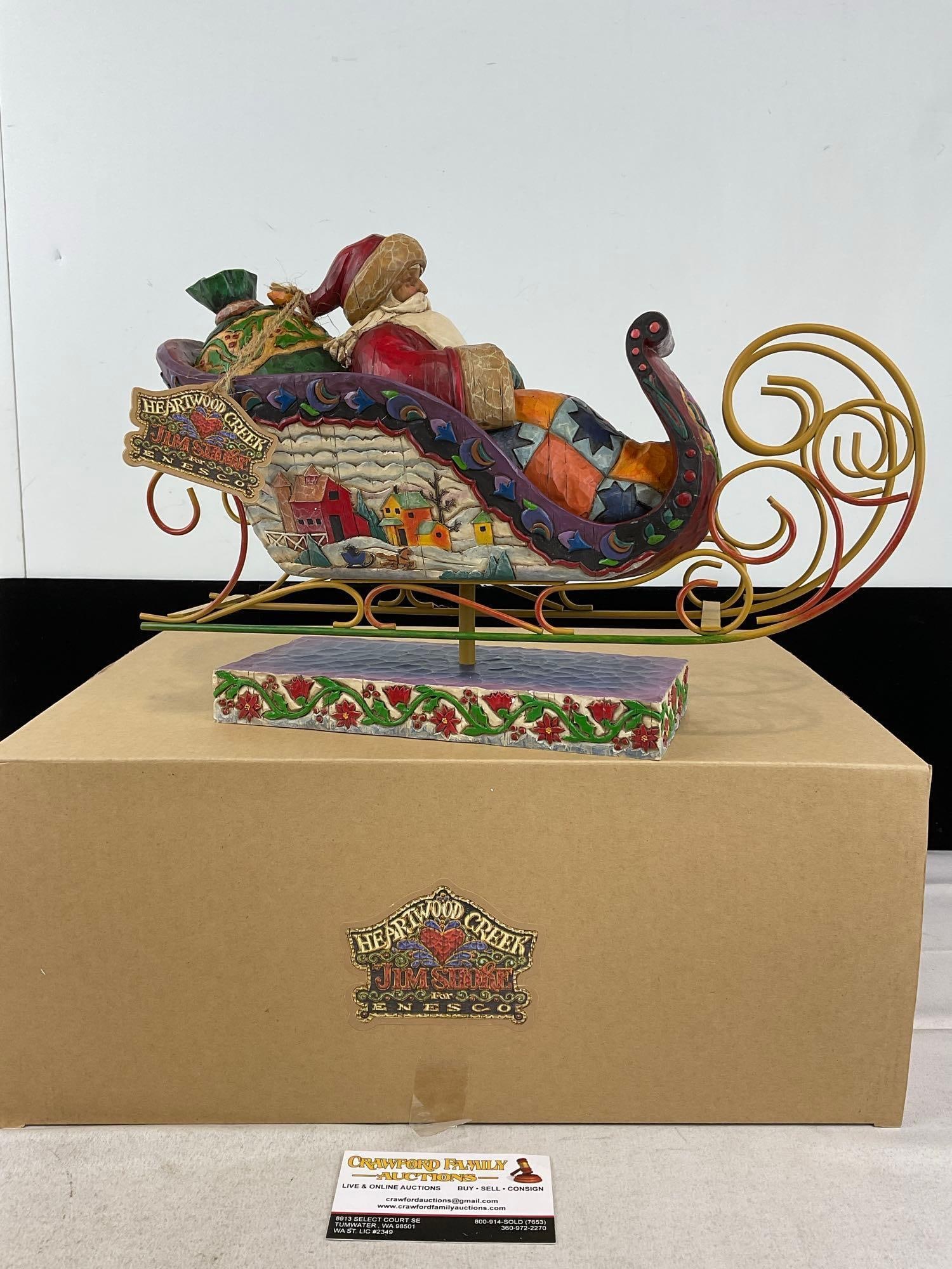 Jim Shore Heartwood Creek Christmas Figure, titled Delivering Joy Sleigh Centerpiece #117719 in box: Appears to be in good shape, only lightly used. The piece measures approx 13h x 17w x 8d inches. See pics. E-6160