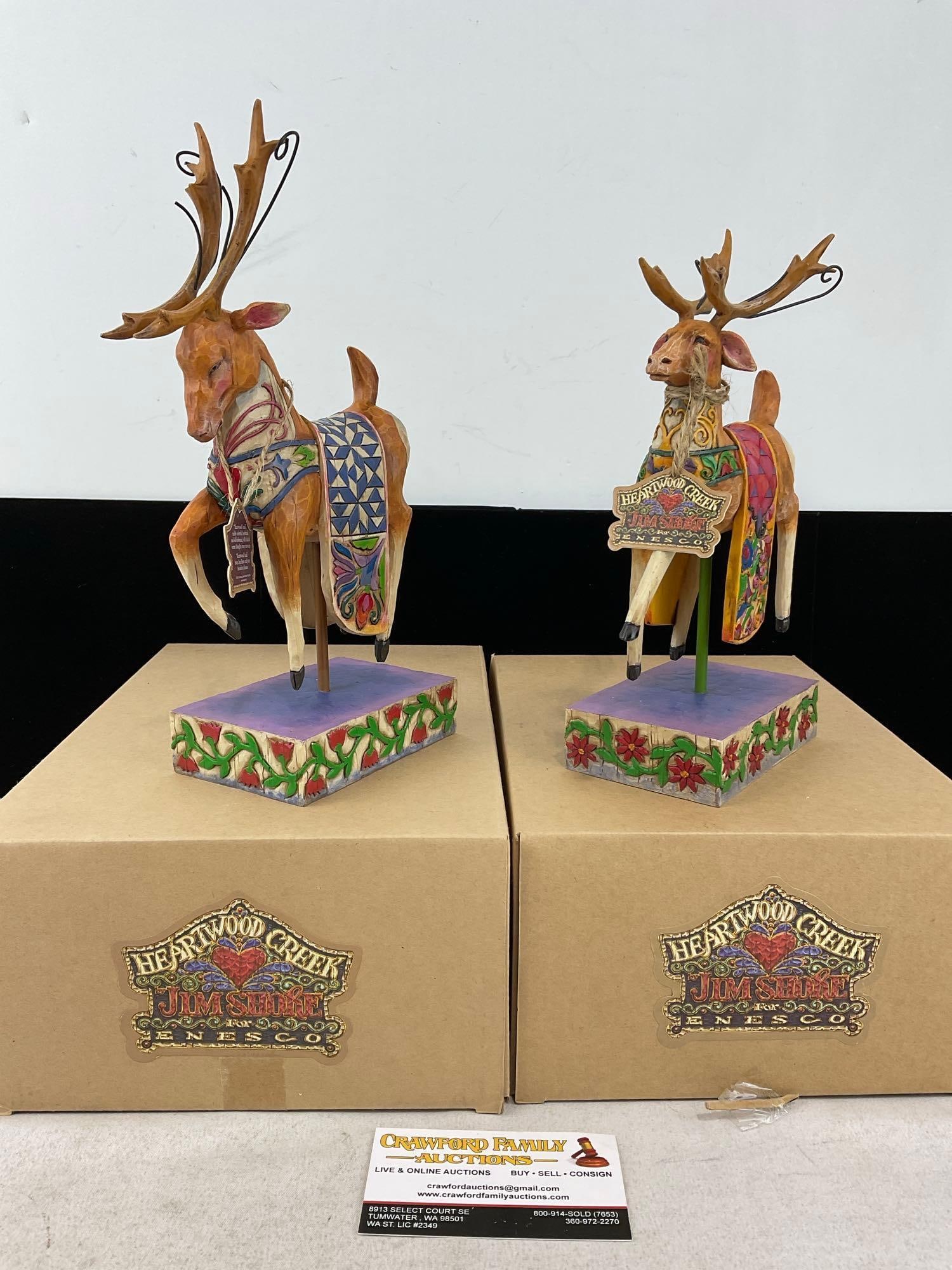 Pair of Jim Shore Heartwood Creek Christmas Figures, 2 Reindeer, both Dash Away, #118110 & 118112: Appears to be in good shape, only lightly used. The piece measures approx 13h x 10w x 10d inches. See pics. E-6160