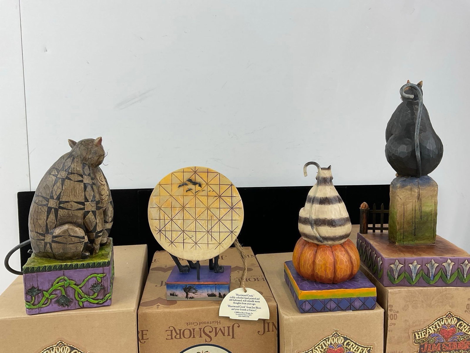 4 Jim Shore Heartwood Creek Halloween Cat Figures, in boxes, names in desc - 4