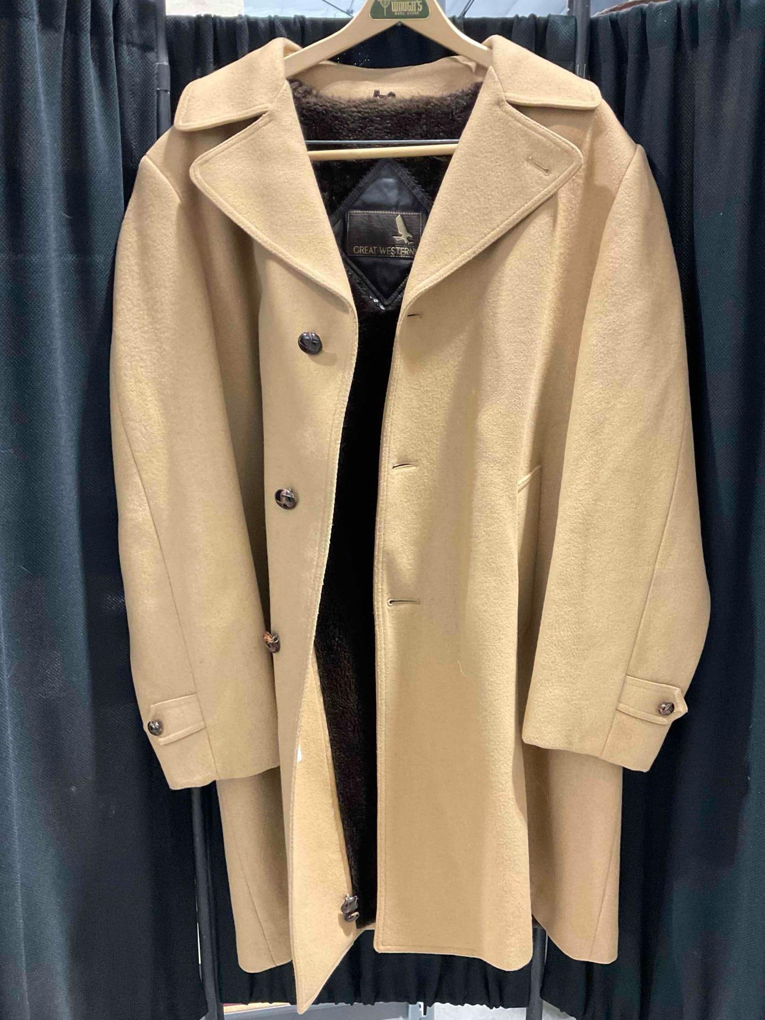 Vintage Great Western Camel Wool Blend Overcoat w/ Faux Fleece Lining, Size 44L. See pics.: Vintage Great Western Camel Wool Blend Overcoat w/ Faux Fleece Lining, Size 44L. Minor wear indicative of age and use, otherwise looks to be in good condition. 70% wool, 30% nylon. Measures 25" x 4"
