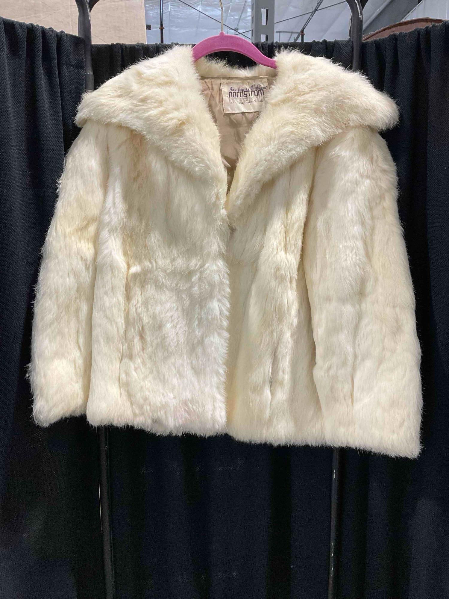 Vintage Nordstrom Cream Rabbit Fur Women's Jacket. Fair Condition. See pics.: Vintage Nordstrom Cream Rabbit Fur Women's Jacket. Fair Condition. Has a pink stain near hem, could be cleaned, otherwise looks to be in fair condition. No size given, measures 16" shoulders, 16"