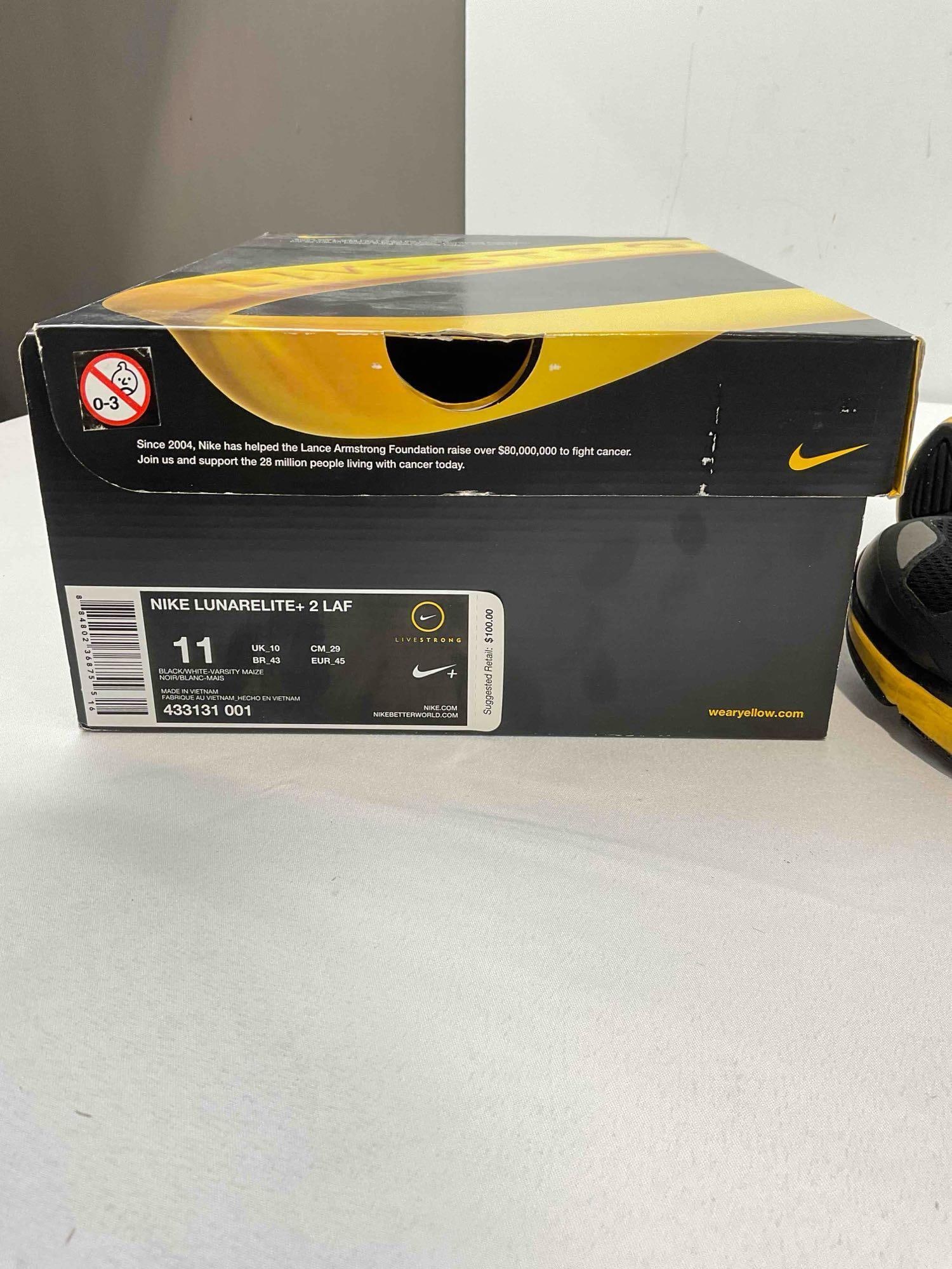 Pair of NIKE US Men's 11 Lunarlite+ 2 LAF Livestrong Black & Yellow Running Shoes w/ Box. - 8