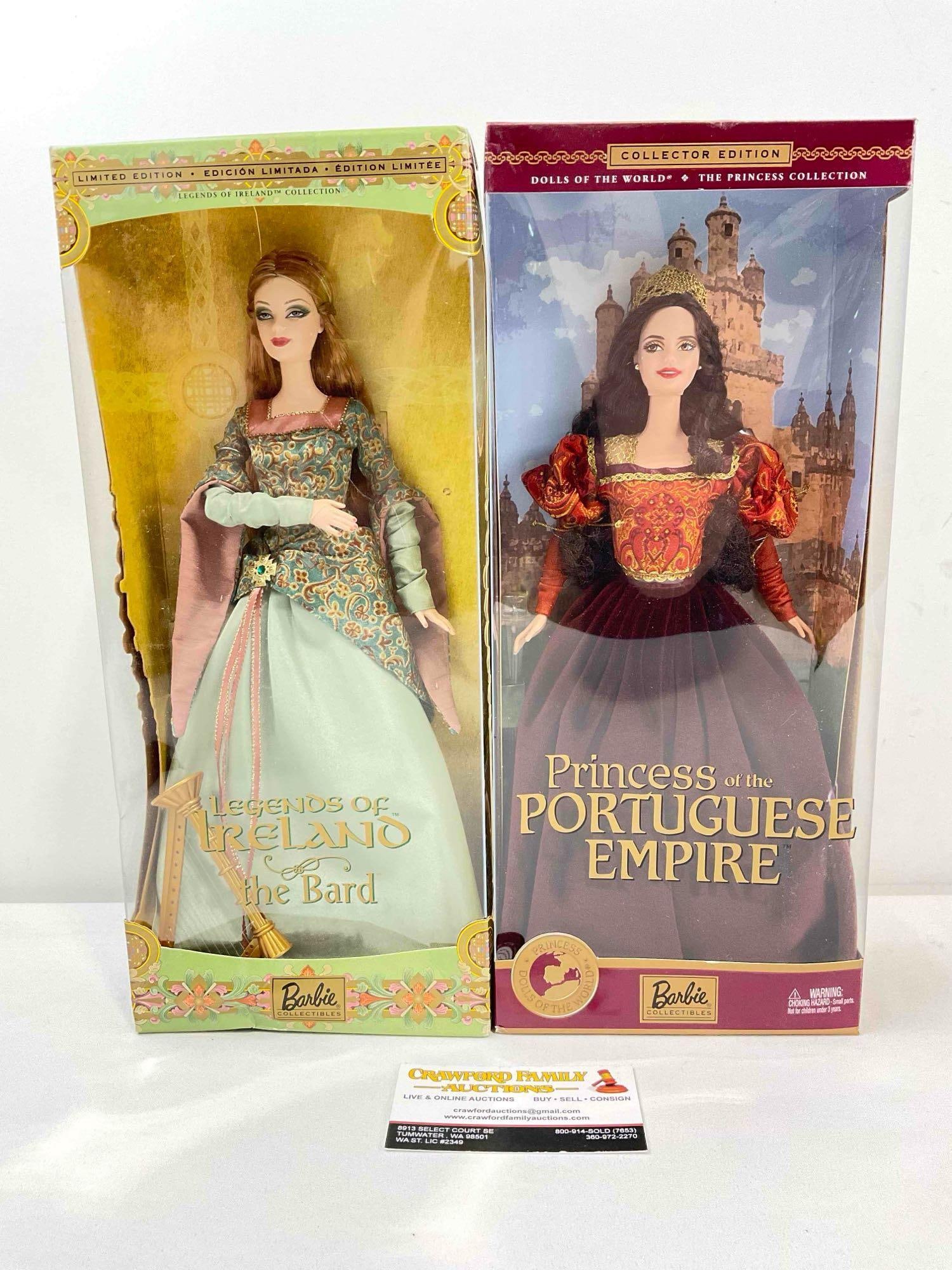 2 pcs Barbie Collectible Dolls in Original Boxes, incl. 2003 Legends of Ireland The Bard B2511.: 2 pcs Barbie Collectible Dolls in Original Boxes, incl. 2003 Legends of Ireland The Bard B2511. Also includes 2002 Princess of the Portuguese Empire 56217. Both look to be in original packaging and