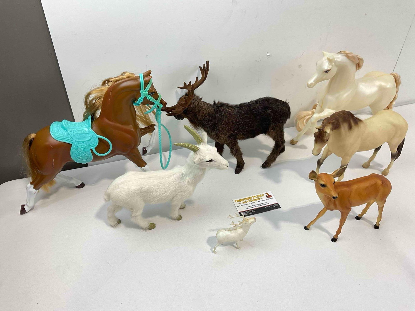 7 pcs Animal Figurines, incl. 2x Barbie Plastic Horse Dolls, Moose & Goat Dolls w/ Rabbit Fur. - 2