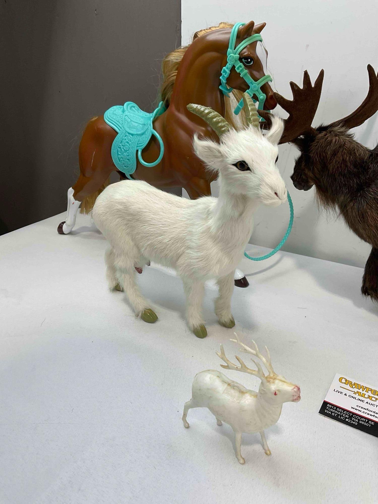 7 pcs Animal Figurines, incl. 2x Barbie Plastic Horse Dolls, Moose & Goat Dolls w/ Rabbit Fur. - 4
