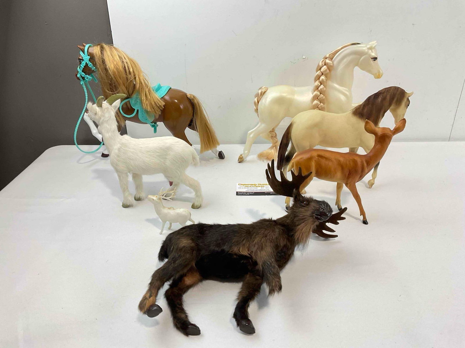7 pcs Animal Figurines, incl. 2x Barbie Plastic Horse Dolls, Moose & Goat Dolls w/ Rabbit Fur. - 7