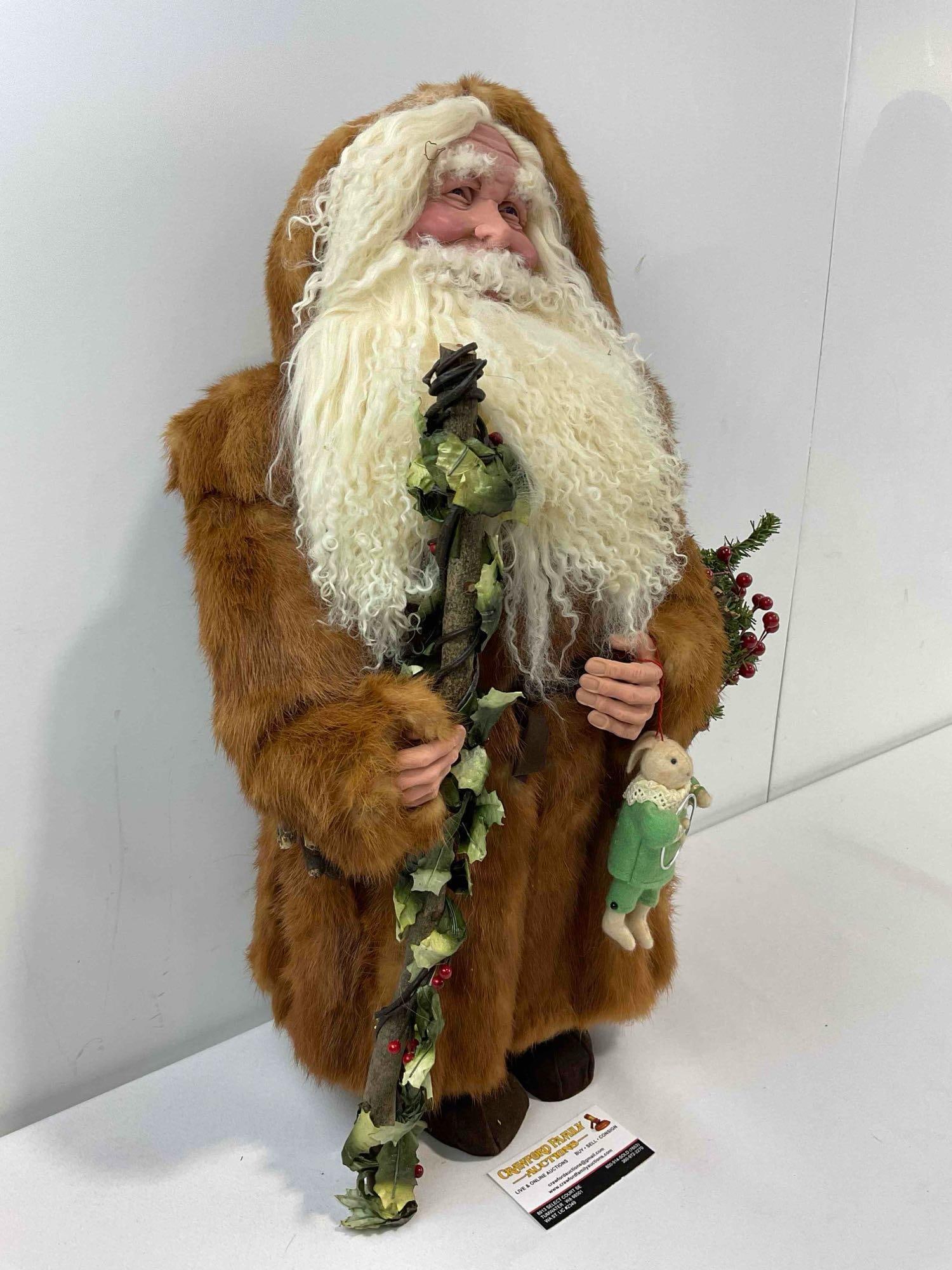 Vintage Rustic Woodland Style Santa Claus Doll w/ Real Fur Coat & Wool Beard. Fair Condition. - 2