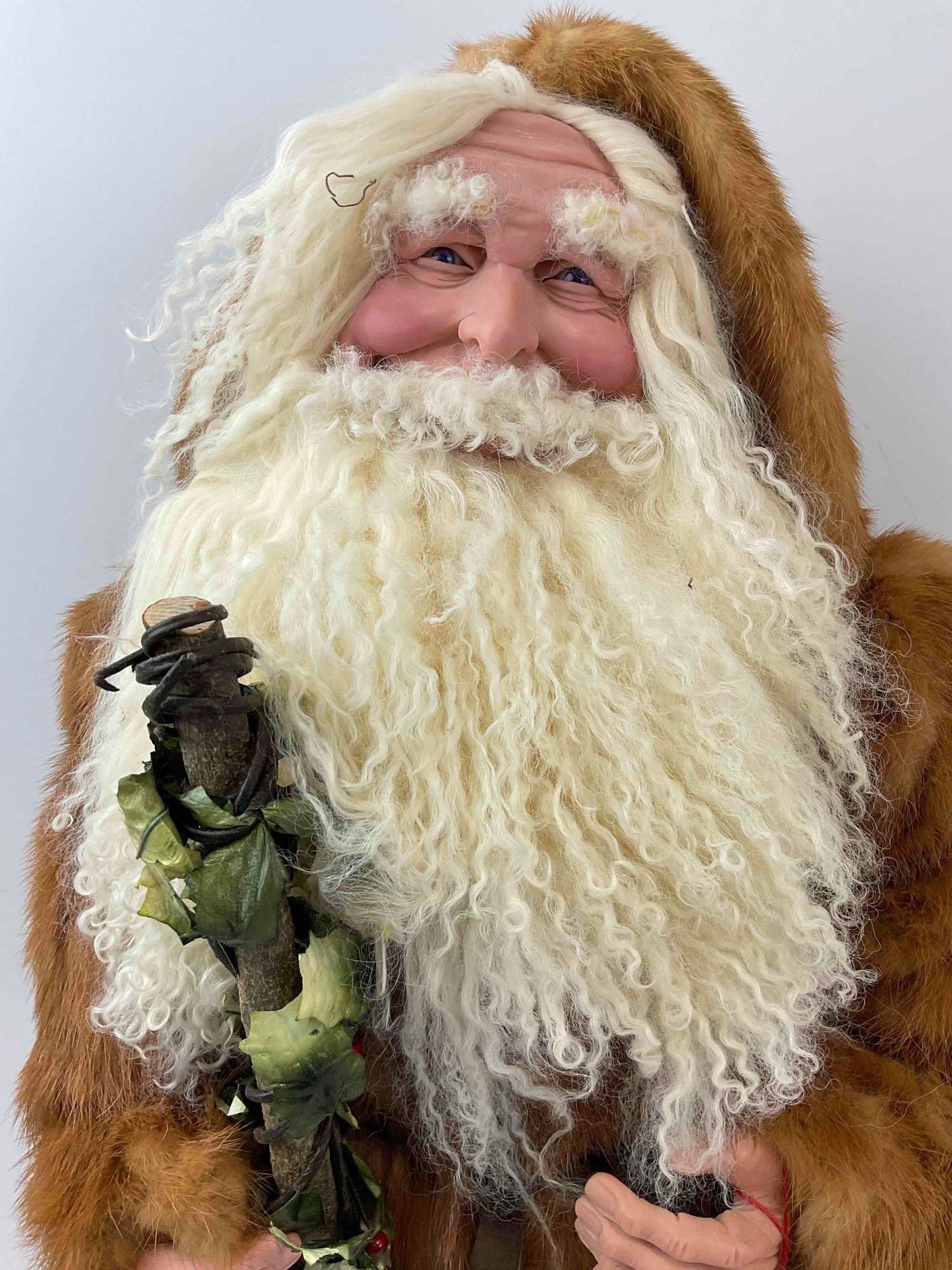 Vintage Rustic Woodland Style Santa Claus Doll w/ Real Fur Coat & Wool Beard. Fair Condition. - 4