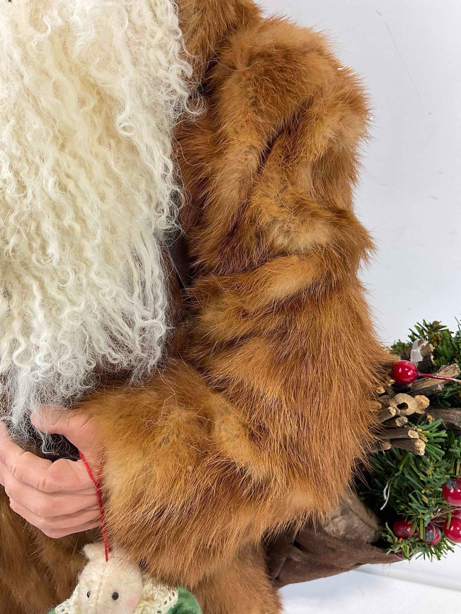 Vintage Rustic Woodland Style Santa Claus Doll w/ Real Fur Coat & Wool Beard. Fair Condition. - 5