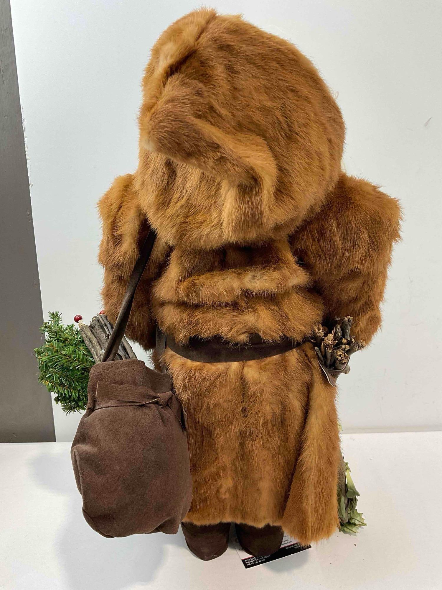 Vintage Rustic Woodland Style Santa Claus Doll w/ Real Fur Coat & Wool Beard. Fair Condition. - 6