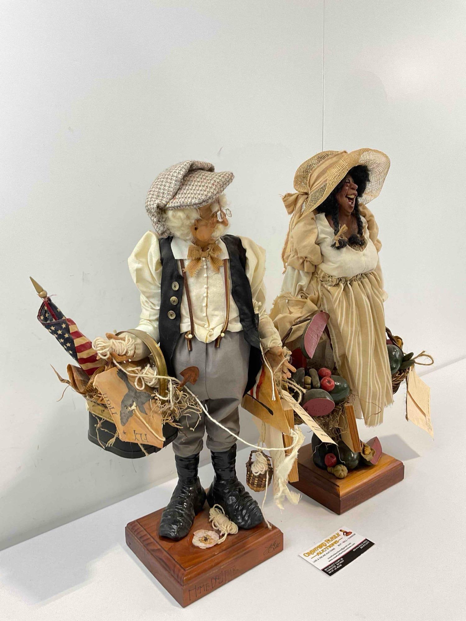 2 pcs "Home-Bred Folk" Hand Sculpted Cloth & Clay Dolls Signed by Artist Linda Gill. See pics. - 2