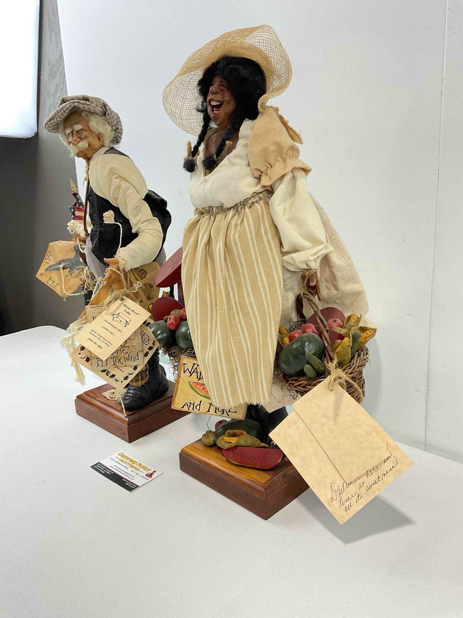2 pcs "Home-Bred Folk" Hand Sculpted Cloth & Clay Dolls Signed by Artist Linda Gill. See pics. - 3